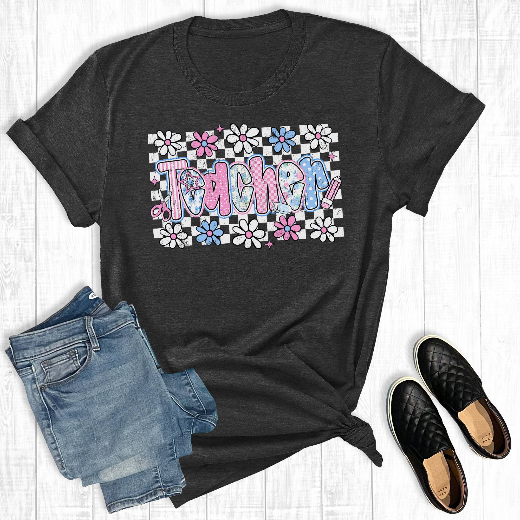 Retro Checkered Floral Teacher Graphic Tee Hoodie, Sweatshirt | PodTeesHub.com