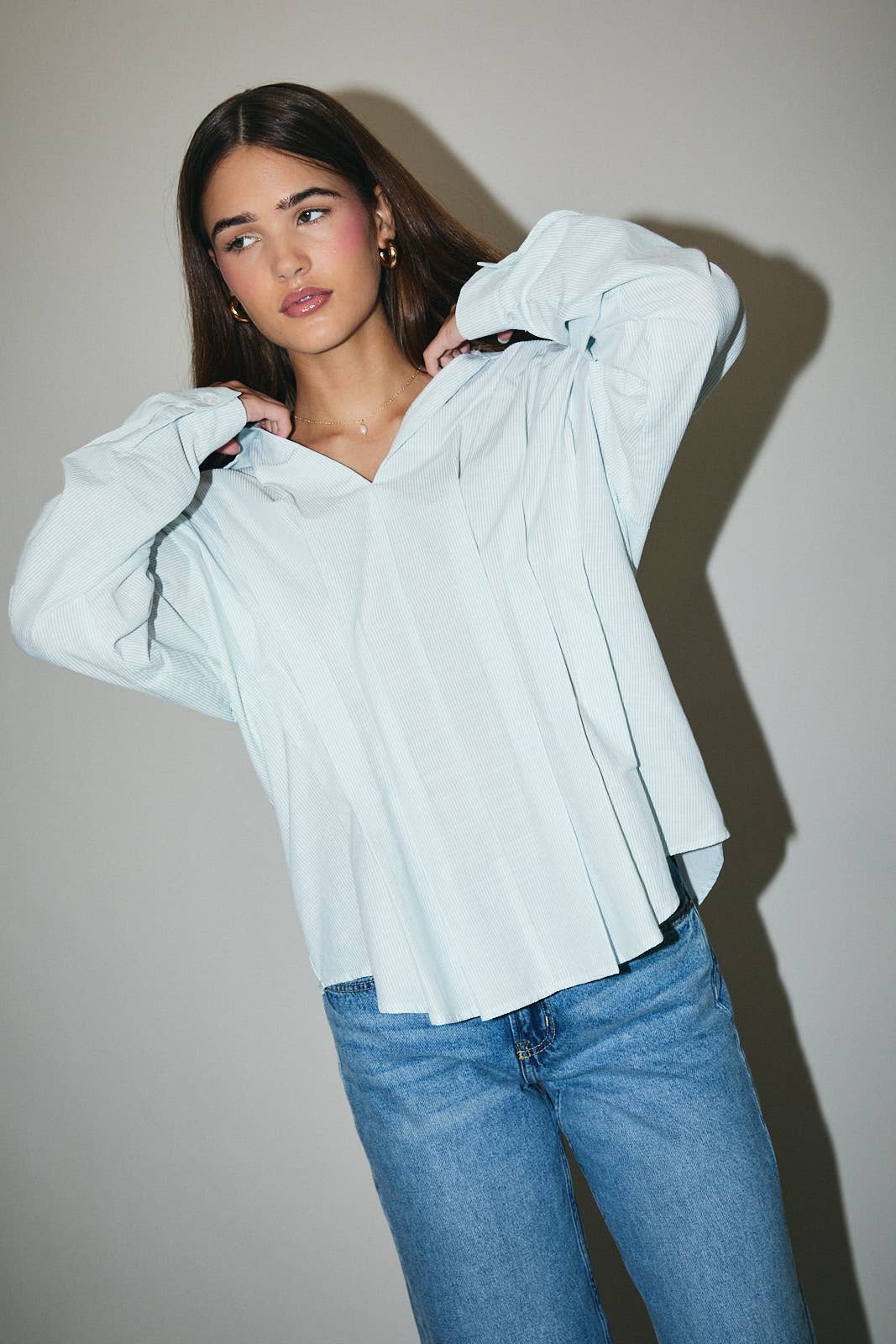 Long Pleated Stripe Shirt Hoodie, Sweatshirt | PodTeesHub.com
