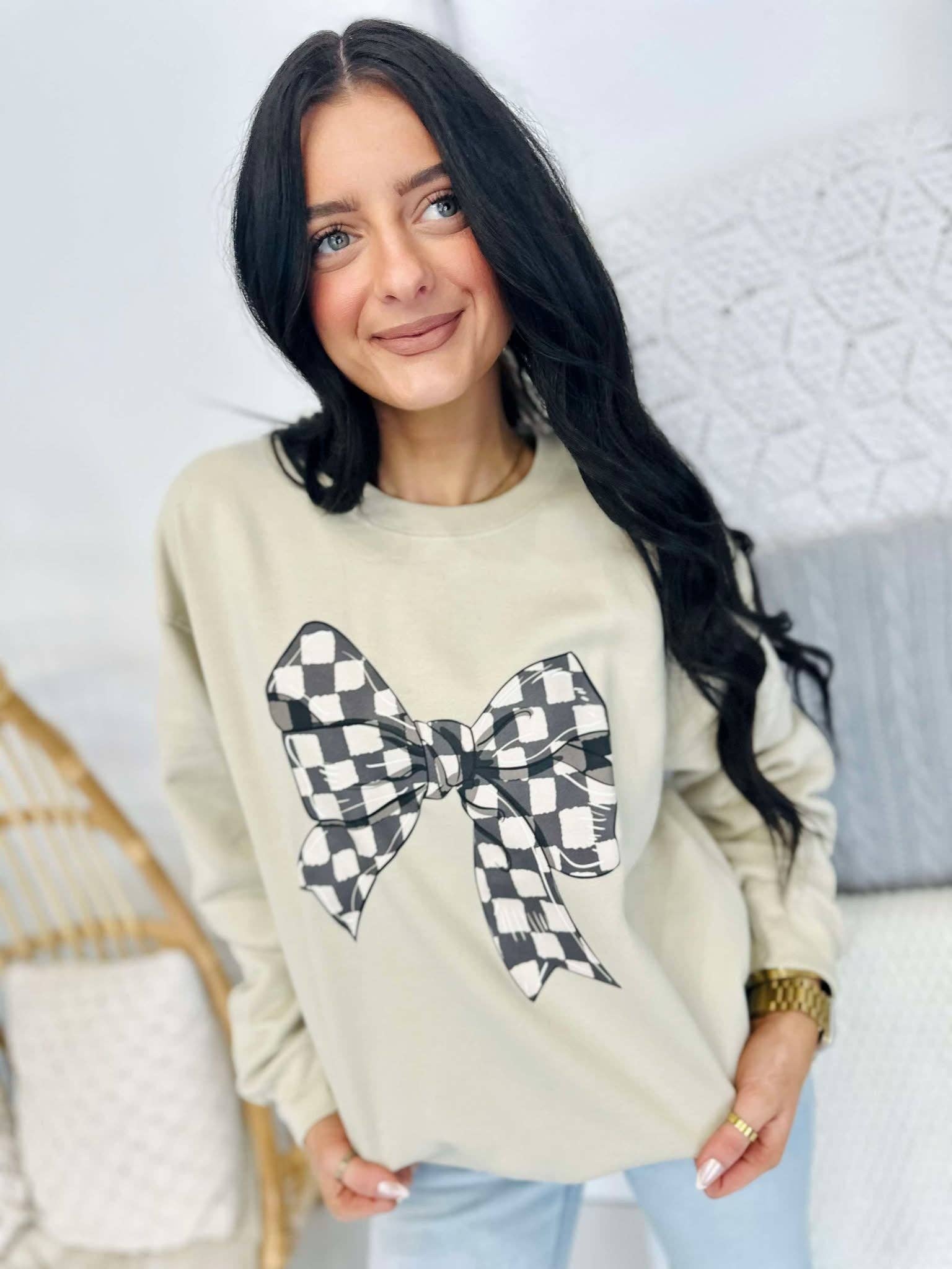 Black Checkered Bow Dtf Sweatshirt T-Shirts, Hoodie | PodTeesHub.com