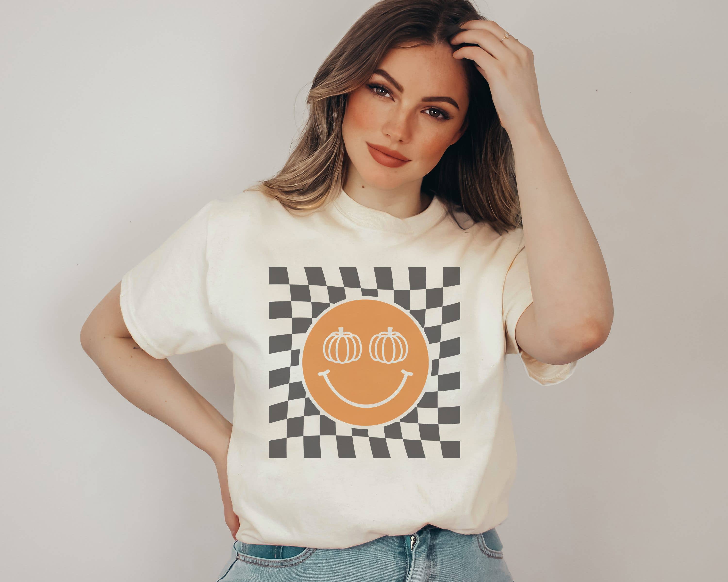 Checker Pumpkin Happy Face Graphic Tee Hoodie, Sweatshirt | PodTeesHub.com