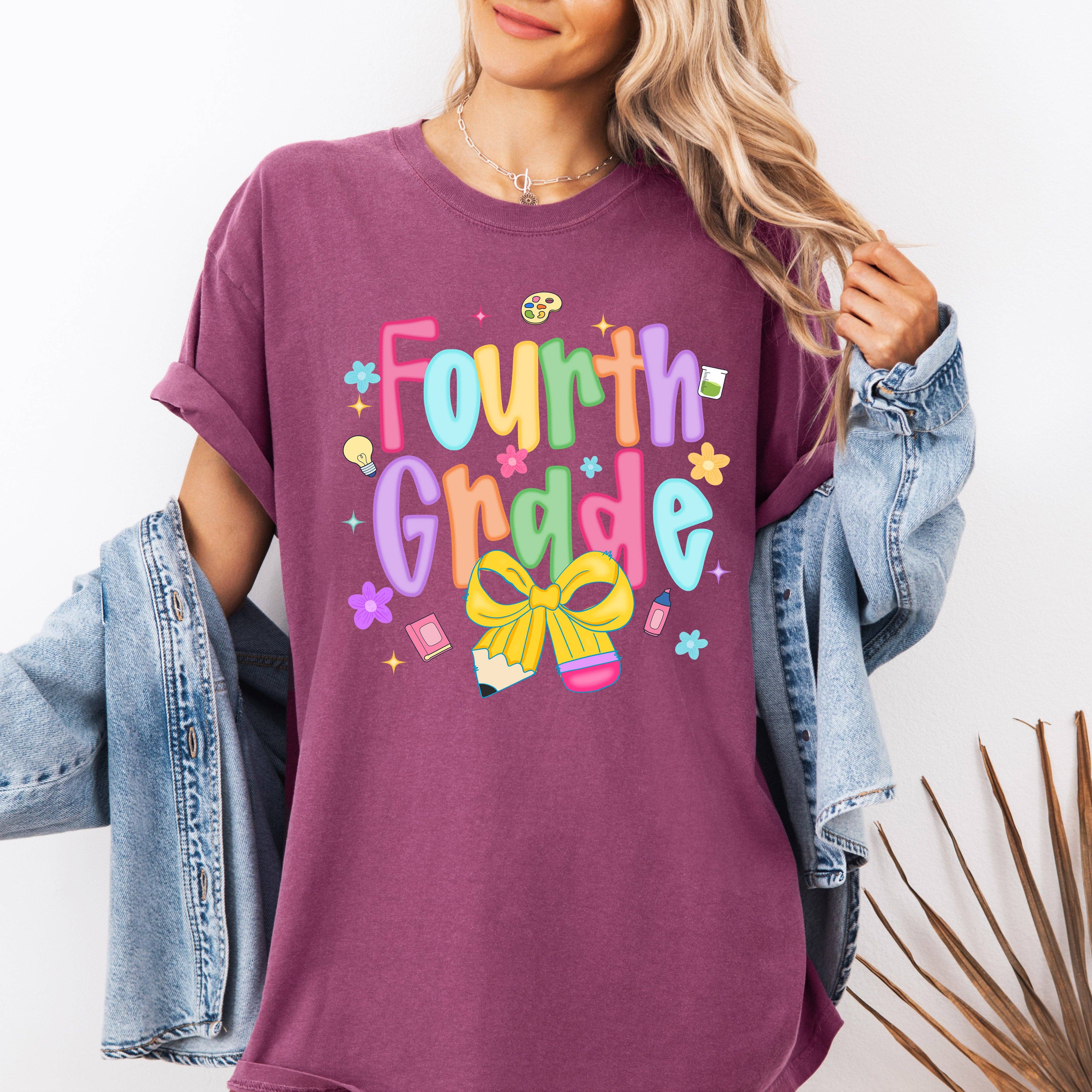 Fourth Grade, Teacher, Back To School, Neon, Bow T-Shirt Hoodie, Sweatshirt | PodTeesHub.com