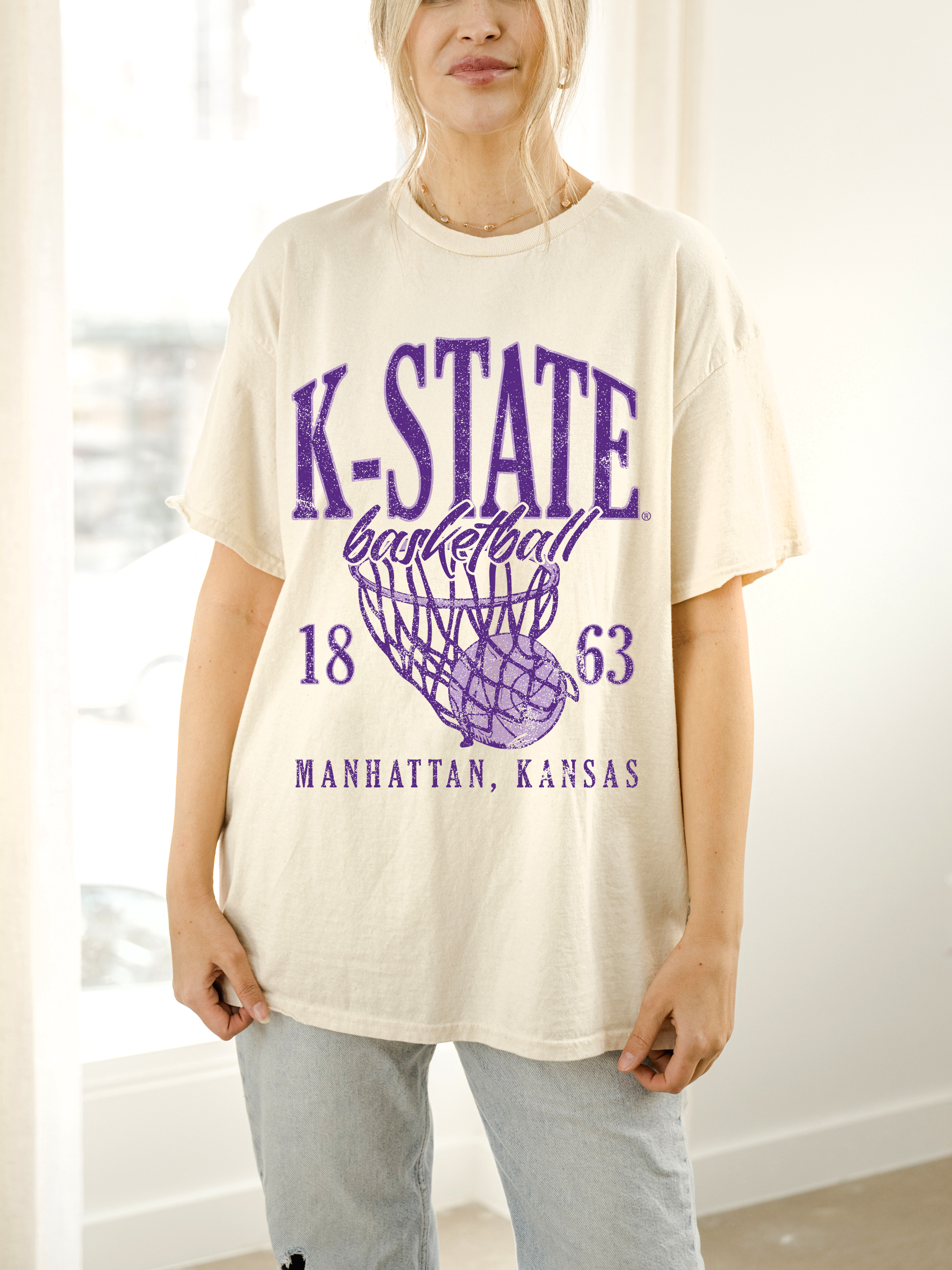 Kansas State Wildcats Big Basketball Off White Thrifted Tee Hoodie, Sweatshirt | PodTeesHub.com