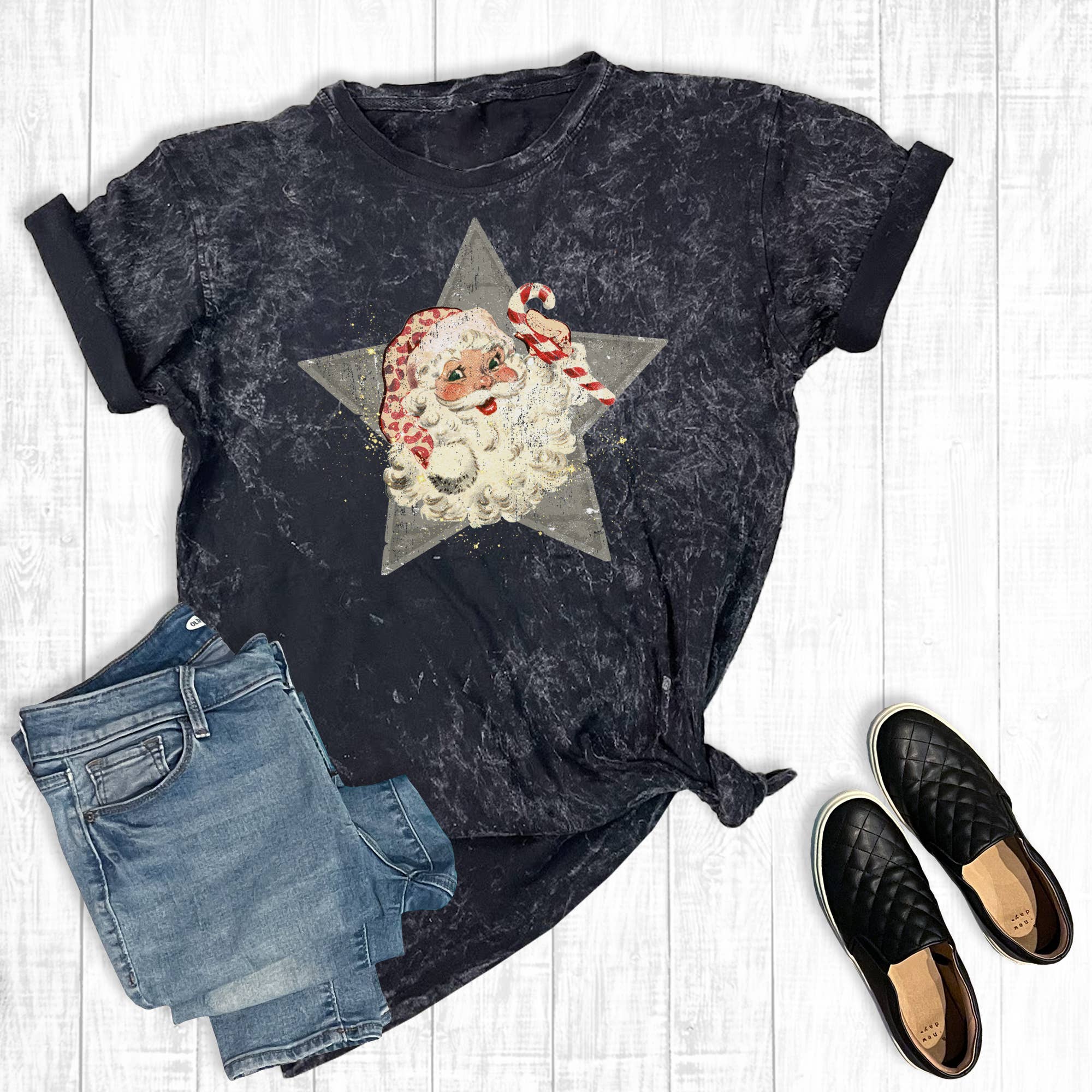 Leopard Santa Star Mineral Wash Graphic Tee Hoodie, Sweatshirt | PodTeesHub.com