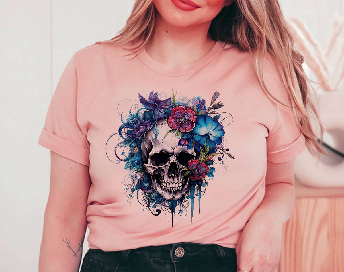 Floral Blue Skull - Flower Skull Graphic T-Shirt Hoodie, Sweatshirt | PodTeesHub.com