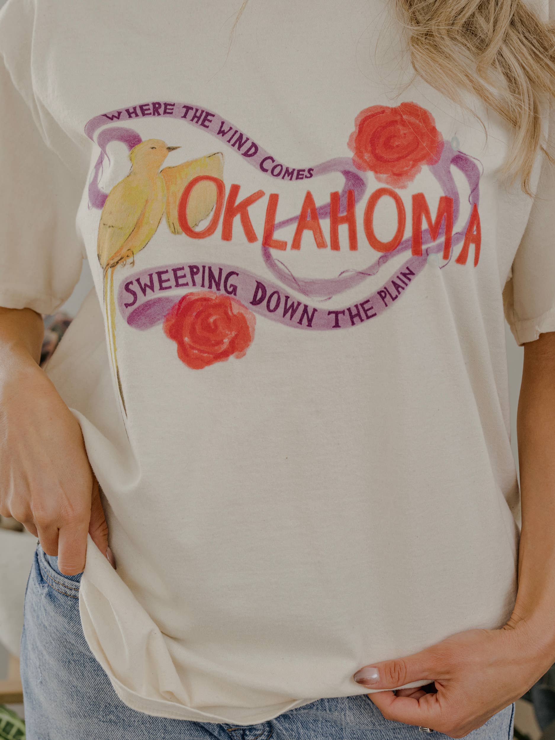 Oklahoma Scissortail Roses Off White Thrifted Graphic Tee Hoodie, Sweatshirt | PodTeesHub.com