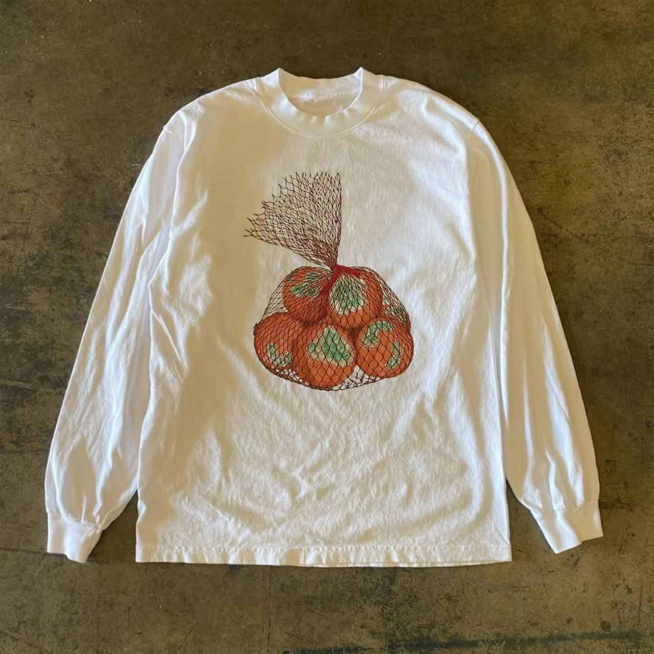 Japanese Brand White Casual Retro Orange Print Long Sleeved T Shirt Hoodie, Sweatshirt | PodTeesHub.com