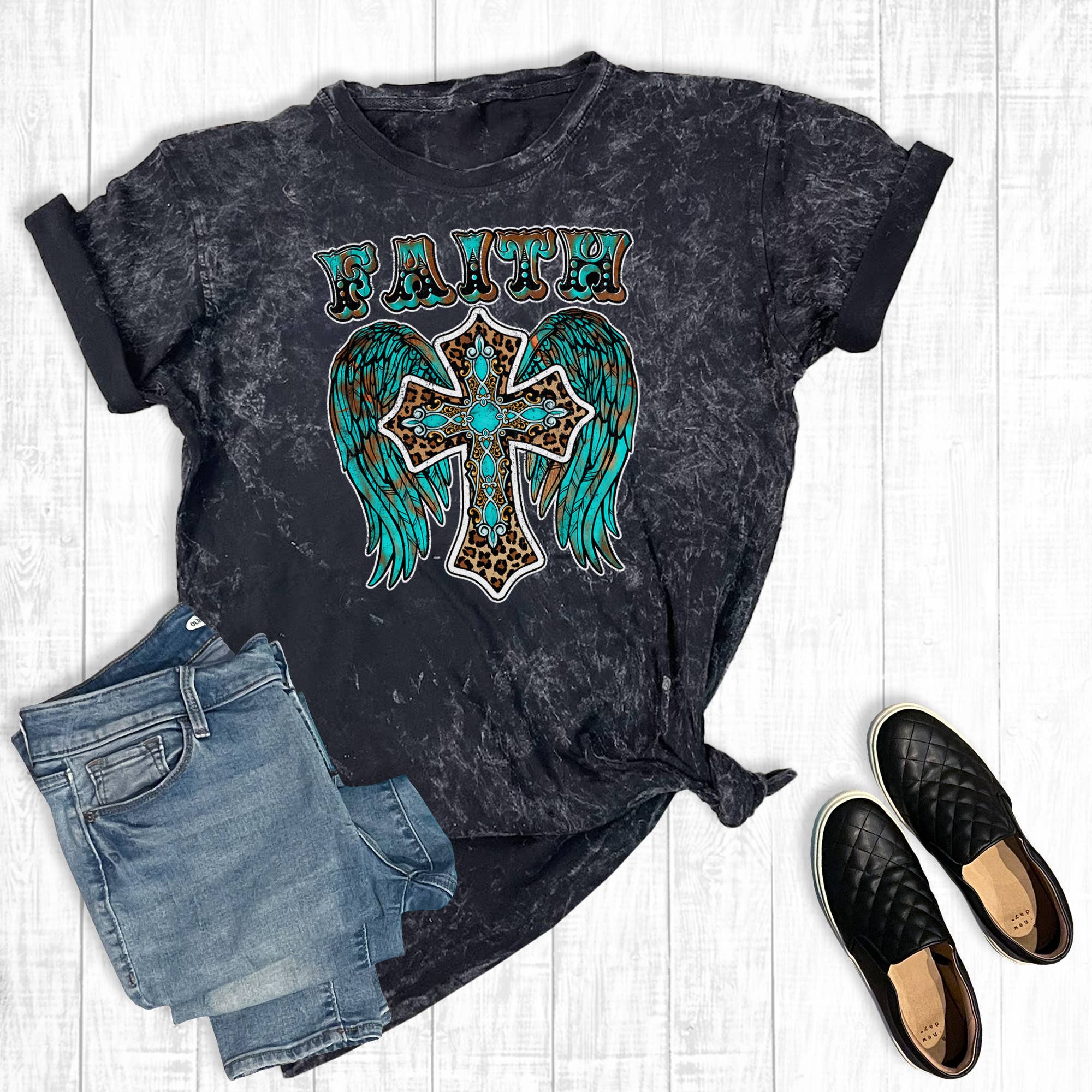 Turquoise Leopard Faith Cross Mineral Wash Graphic Tee Hoodie, Sweatshirt | PodTeesHub.com