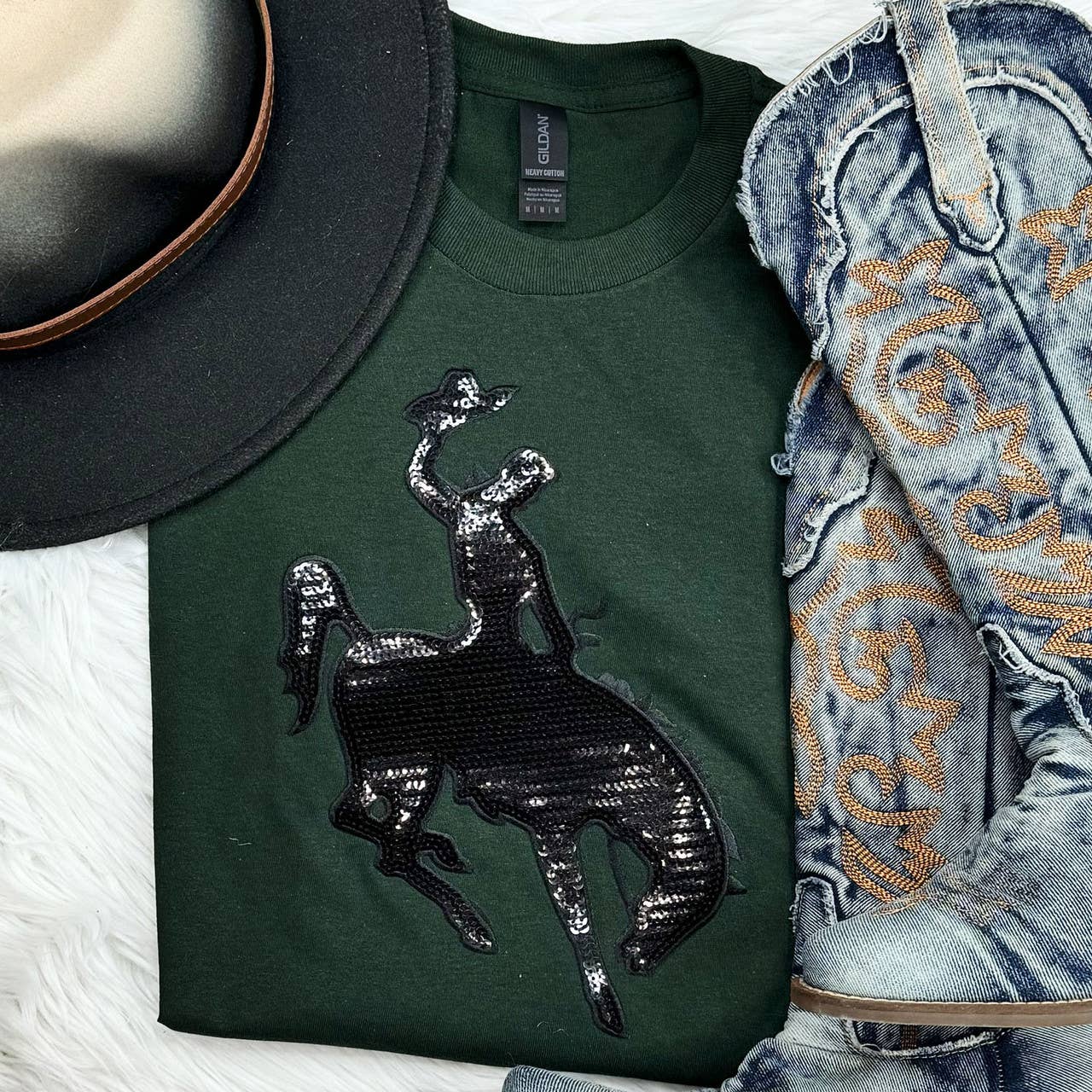 Rodeo Cowboy and Horse Sequin Patch Forest Green Everyday Tee Hoodie, Sweatshirt | PodTeesHub.com