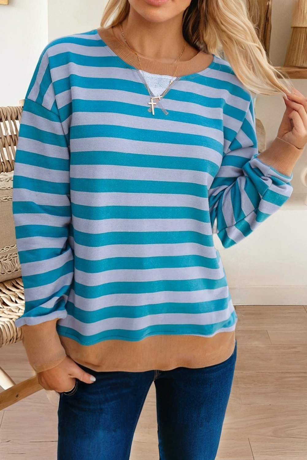 Stripe Ribbed Round Neck Drop Shoulder Sweatshirt (S-Xl) T-Shirts, Hoodie | PodTeesHub.com