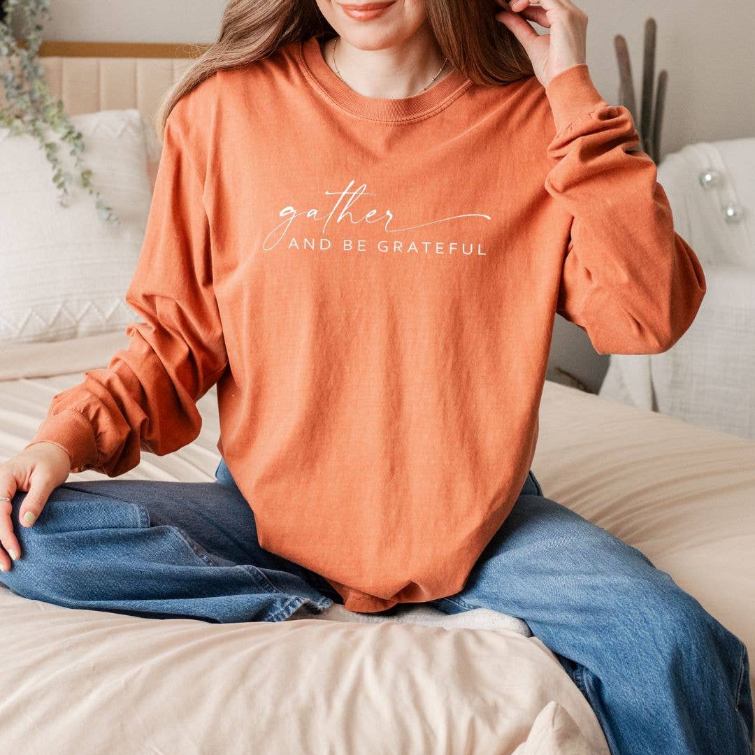 Gather and Be Grateful Long Sleeve Fall Graphic Tee Hoodie, Sweatshirt | PodTeesHub.com