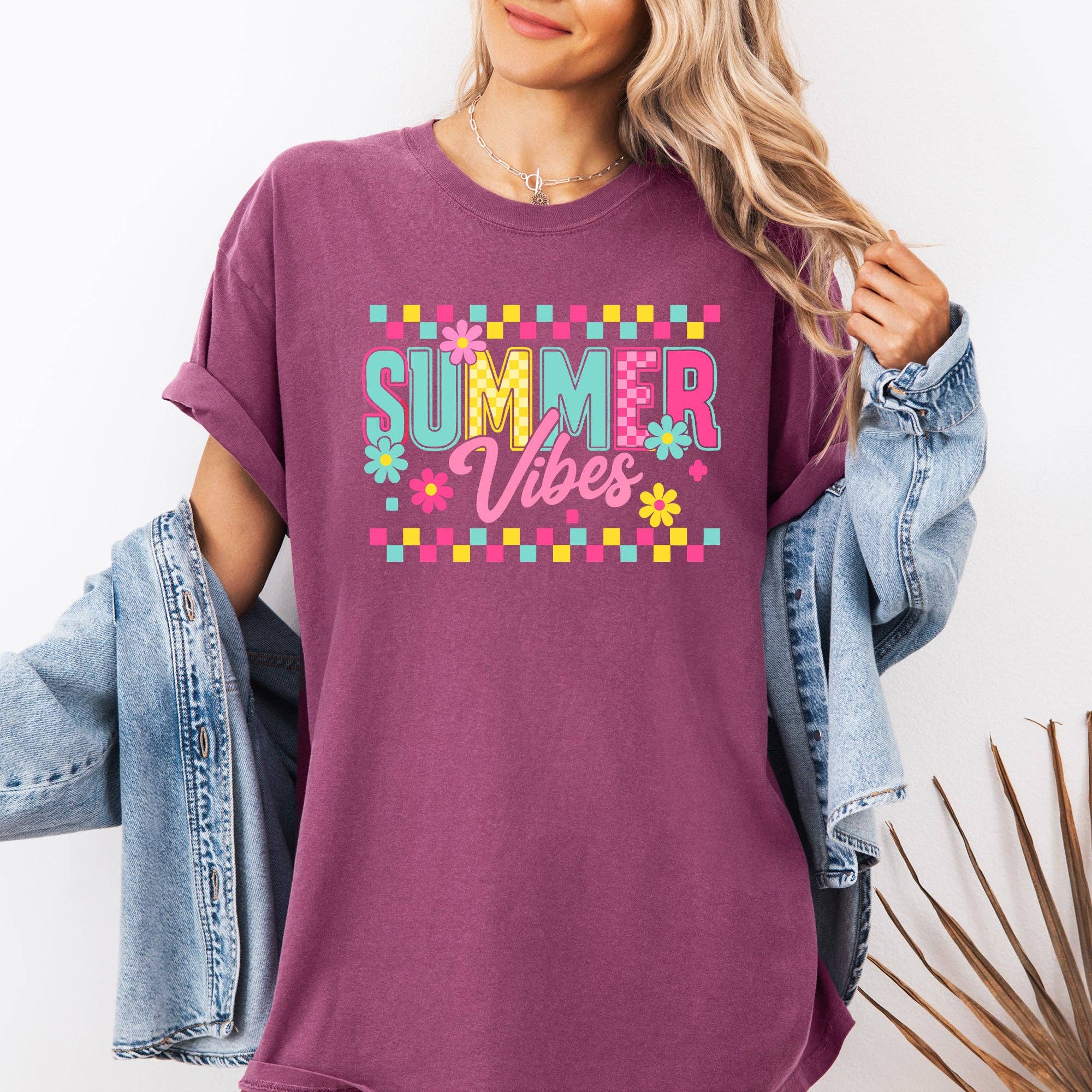 Summer Vibes Checkered Retro, Yellow, Flowers Floral T-Shirt Hoodie, Sweatshirt | PodTeesHub.com