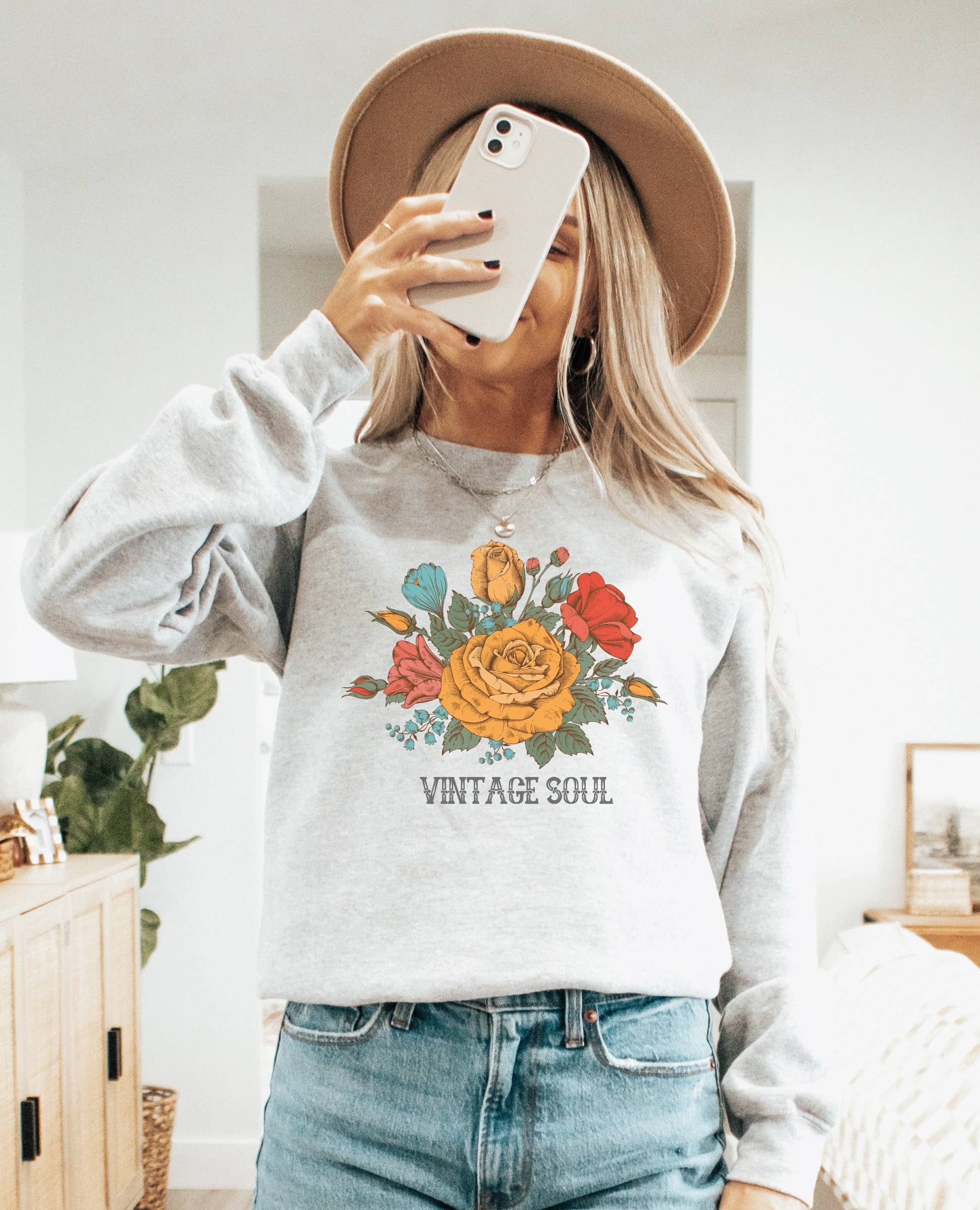 Vintage Soul Floral Crew Neck Sweatshirt | Floral Sweatshirt T-Shirts, Hoodie | PodTeesHub.com