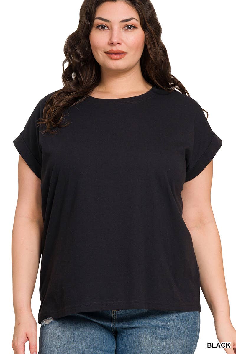 ,._ SI-27019 Plus Round Neck Folded Short Sleeve T Shirt Hoodie, Sweatshirt | PodTeesHub.com