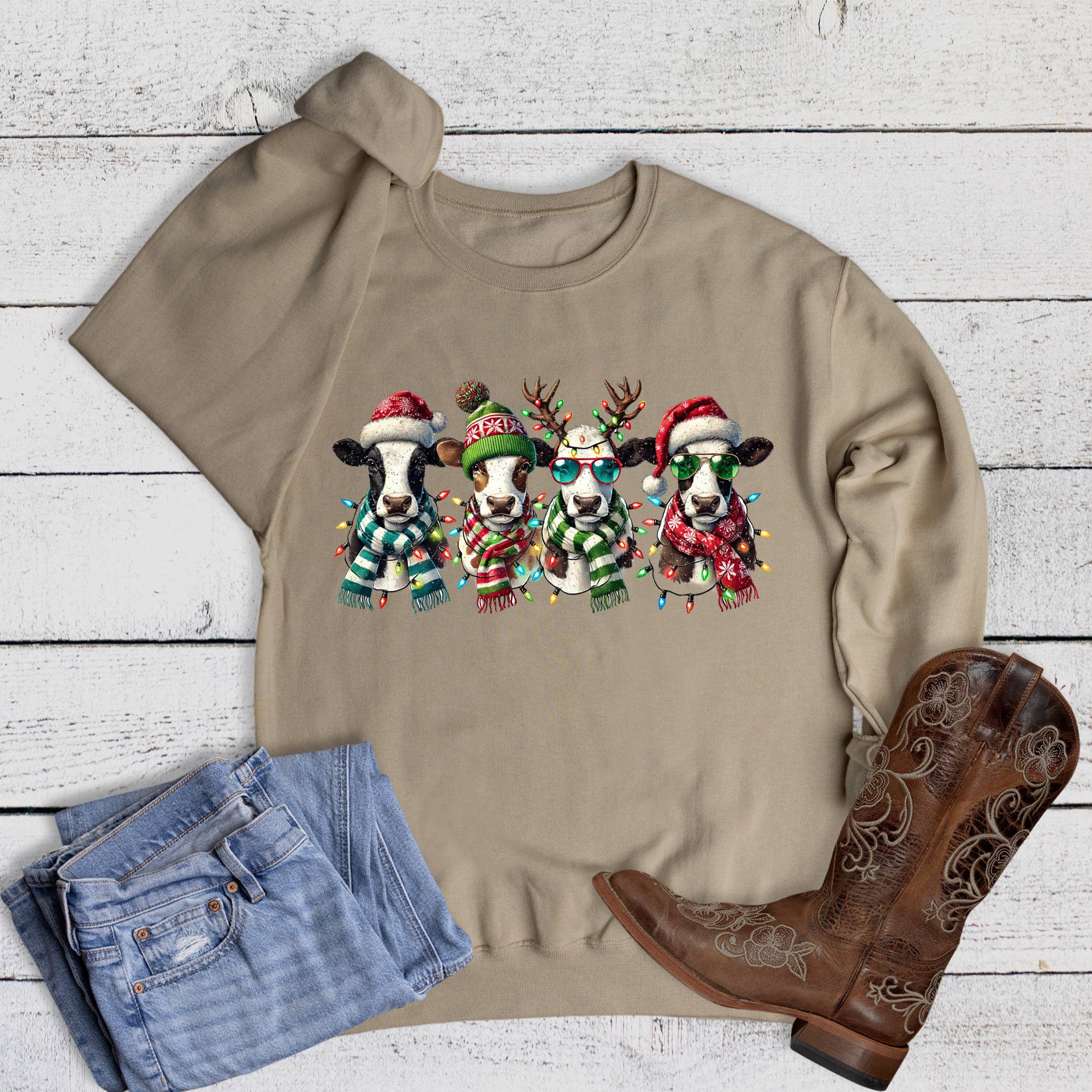 Christmas Cows with Lights Sweatshirt T-Shirts, Hoodie | PodTeesHub.com