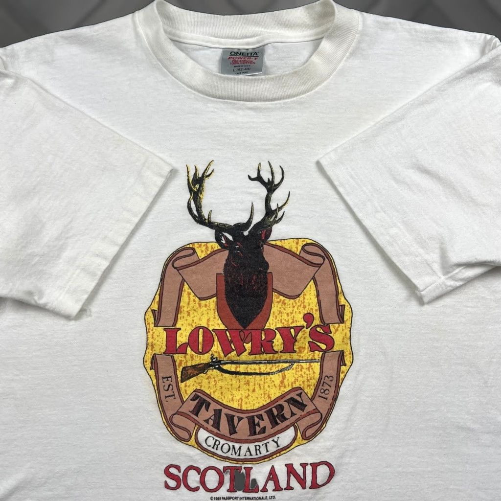 Vintage Oneita Power T T Shirt Men L White Deer Stag Pub Scotland Tavern Graphic 80s Mens Hoodie, Sweatshirt | PodTeesHub.com