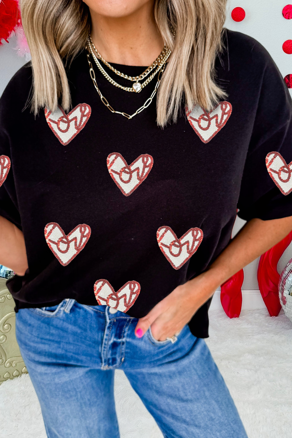 Sequin Heart Patched Valentines Day Graphic Tee (S-3XL) Hoodie, Sweatshirt | PodTeesHub.com