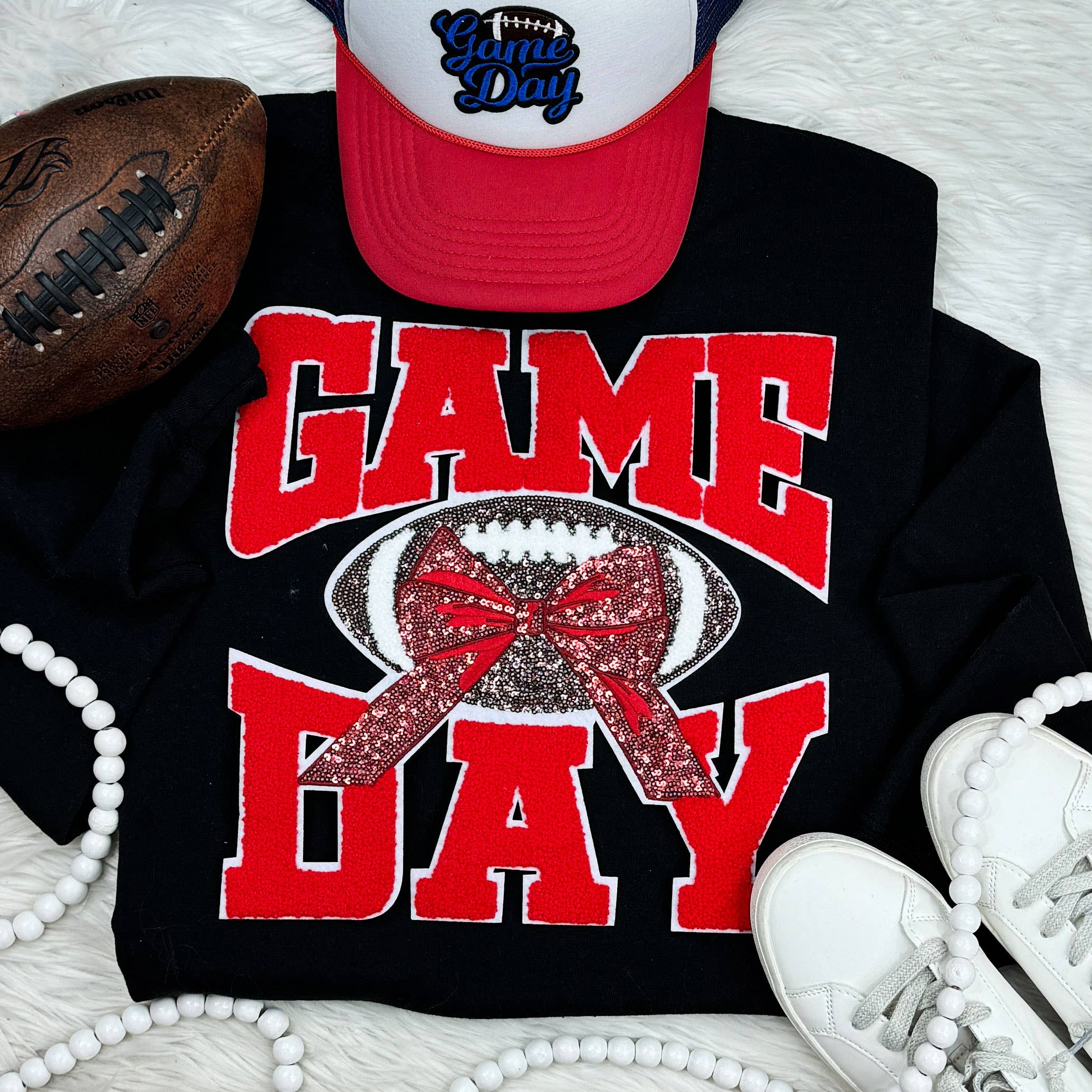 Red Chenille Football Game Day with Sequin Bow Patch Black Crewneck Sweatshirt T-Shirts, Hoodie | PodTeesHub.com
