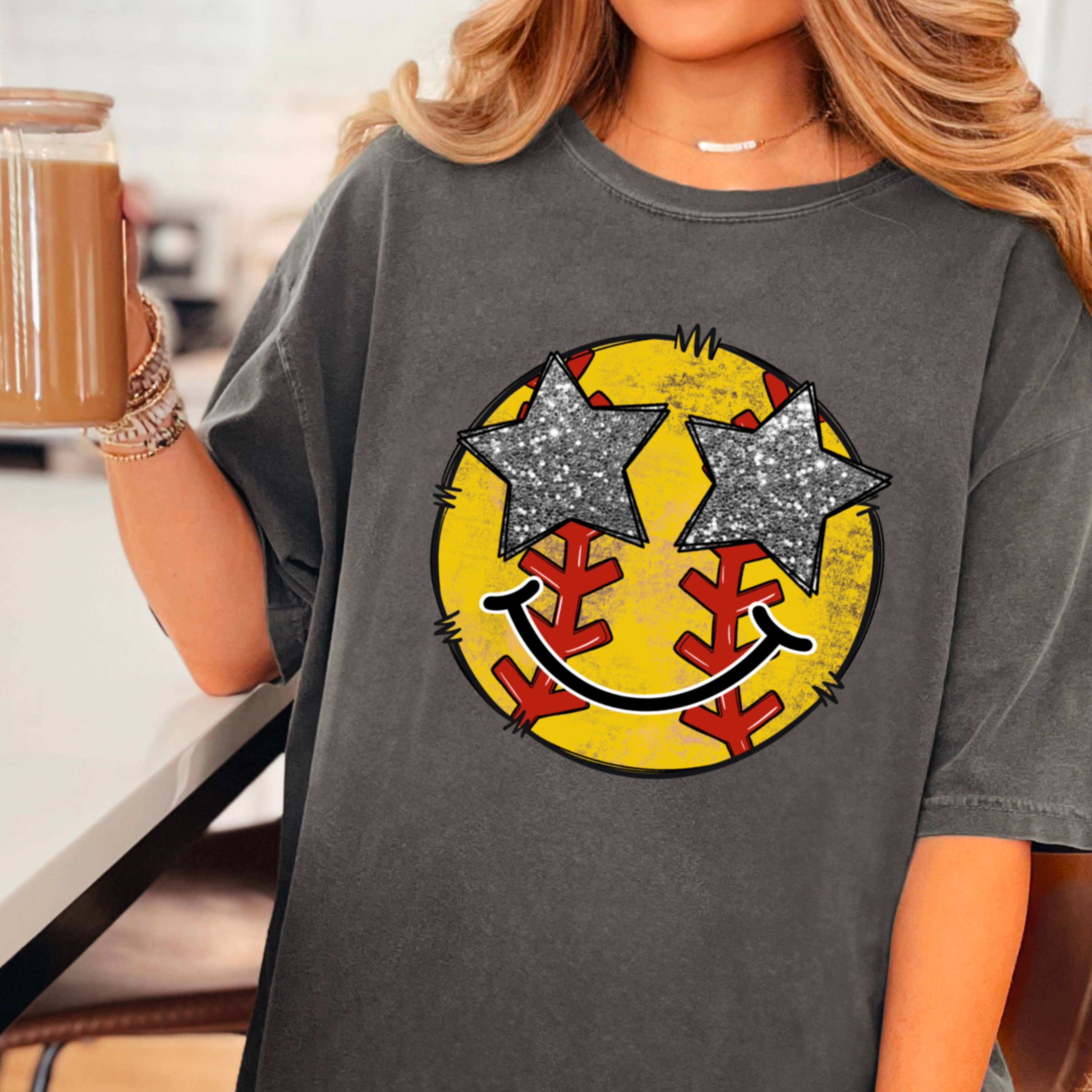 Softball Face Faux Glitter Graphic Tee  | Comfort Color Hoodie, Sweatshirt | PodTeesHub.com