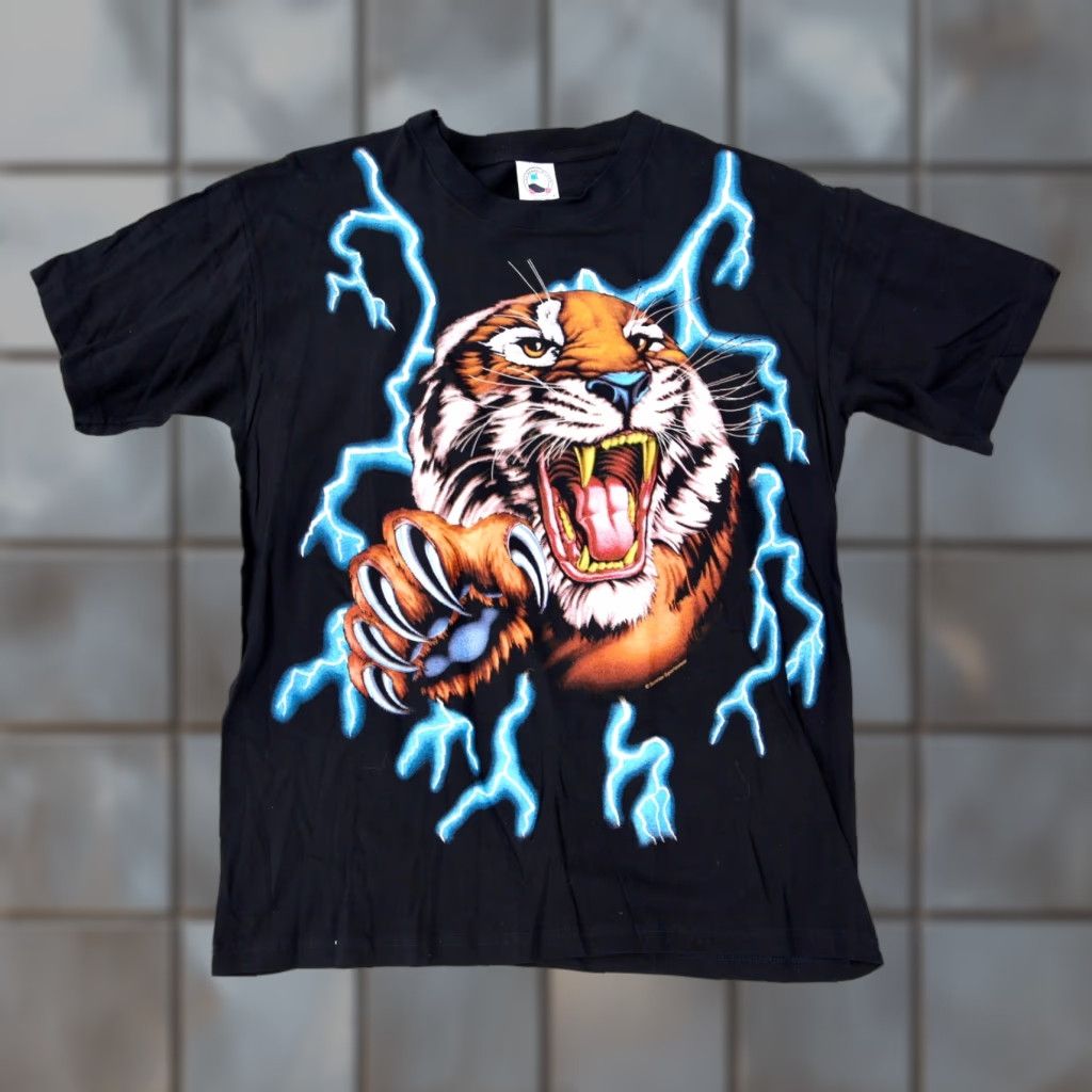 Vintage American Thunder T Shirt Tiger Lightning Animal 90s Mens Size L New Hoodie, Sweatshirt | PodTeesHub.com