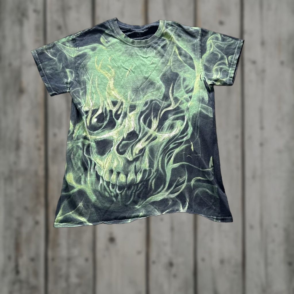 Vintage Green Flame Skull Shirt Mens Small Black Graphic Tee Horror Spooky Halloween Shirt M Hoodie, Sweatshirt