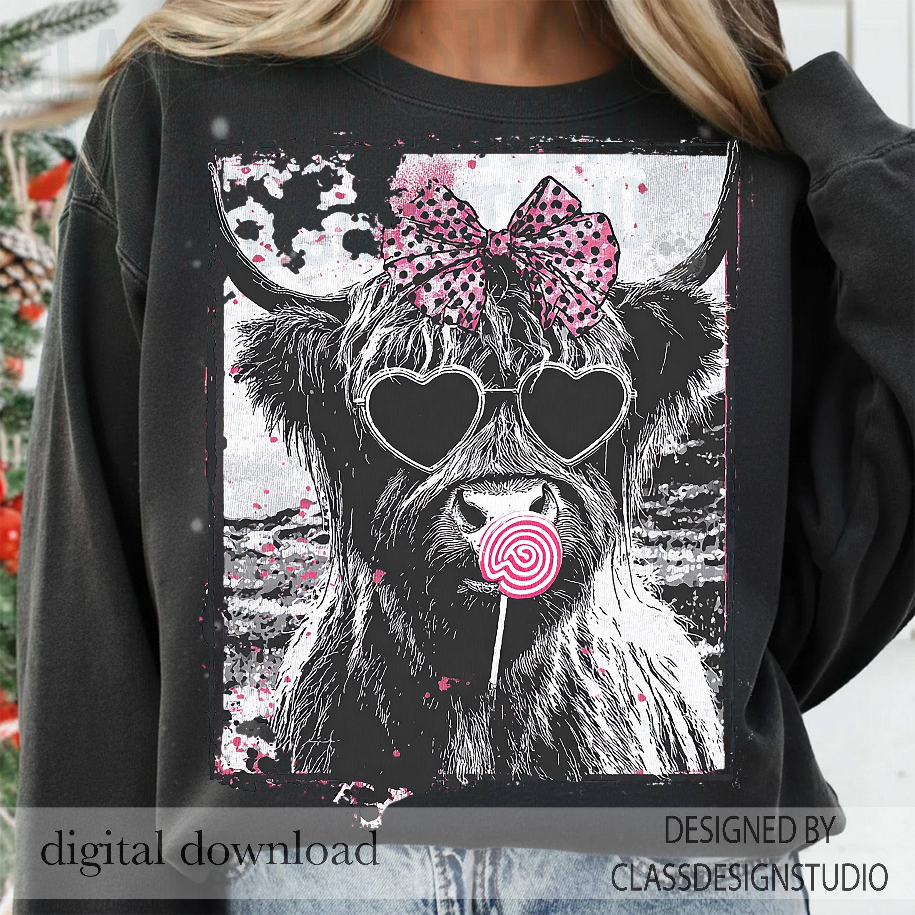 Vintage Valentine Highland Cow Print Tee Hoodie, Sweatshirt | PodTeesHub.com