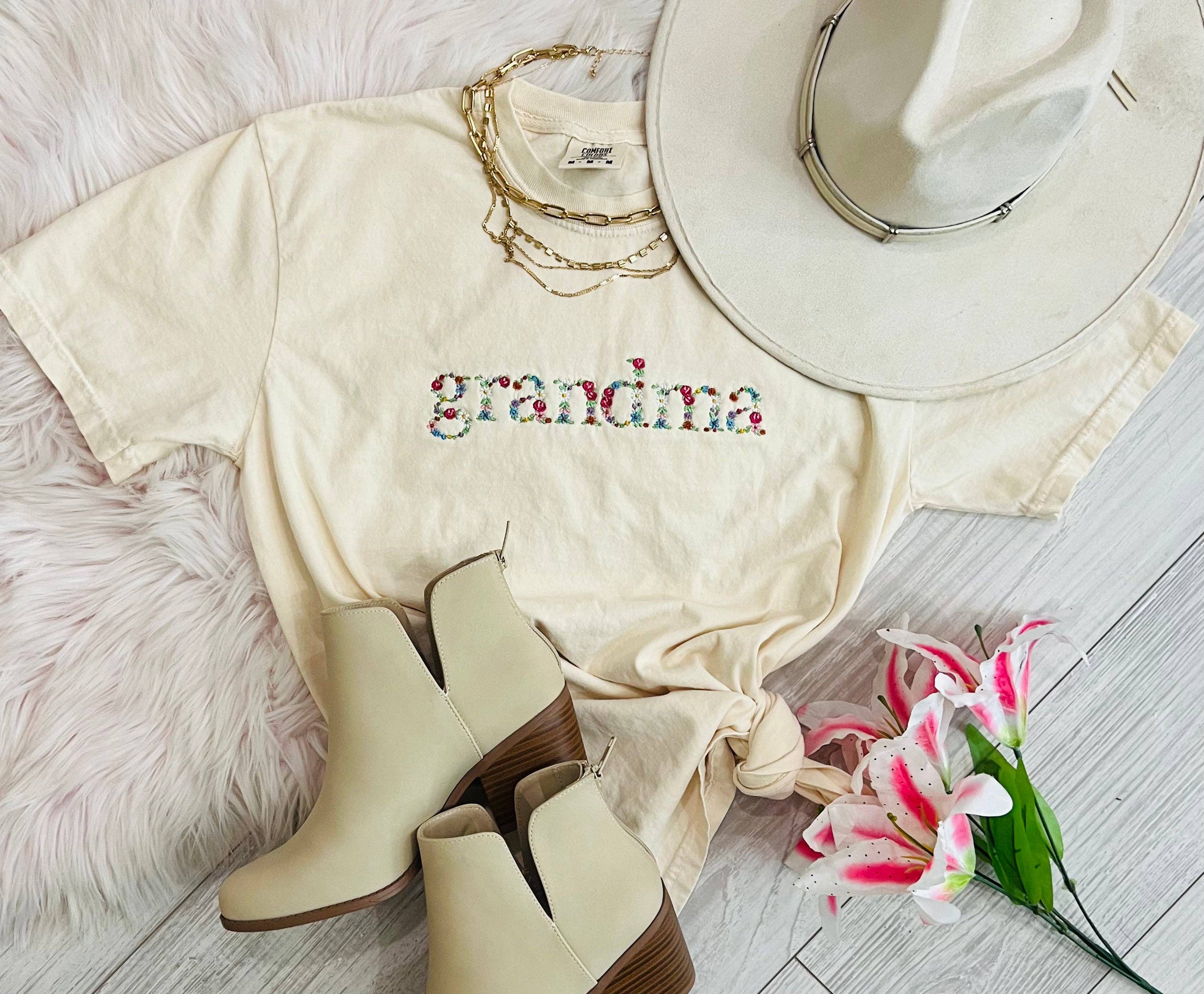 Grandma Floral Embroidered Tee Hoodie, Sweatshirt | PodTeesHub.com
