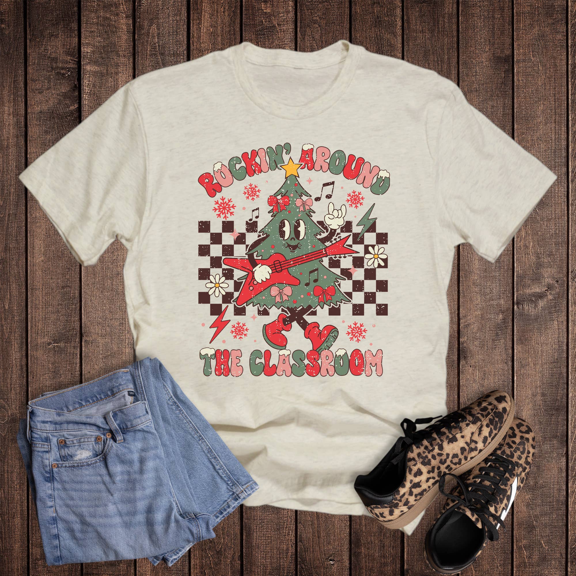 Christmas Teacher Rockin' Around the Classroom Graphic Tee Hoodie, Sweatshirt | PodTeesHub.com