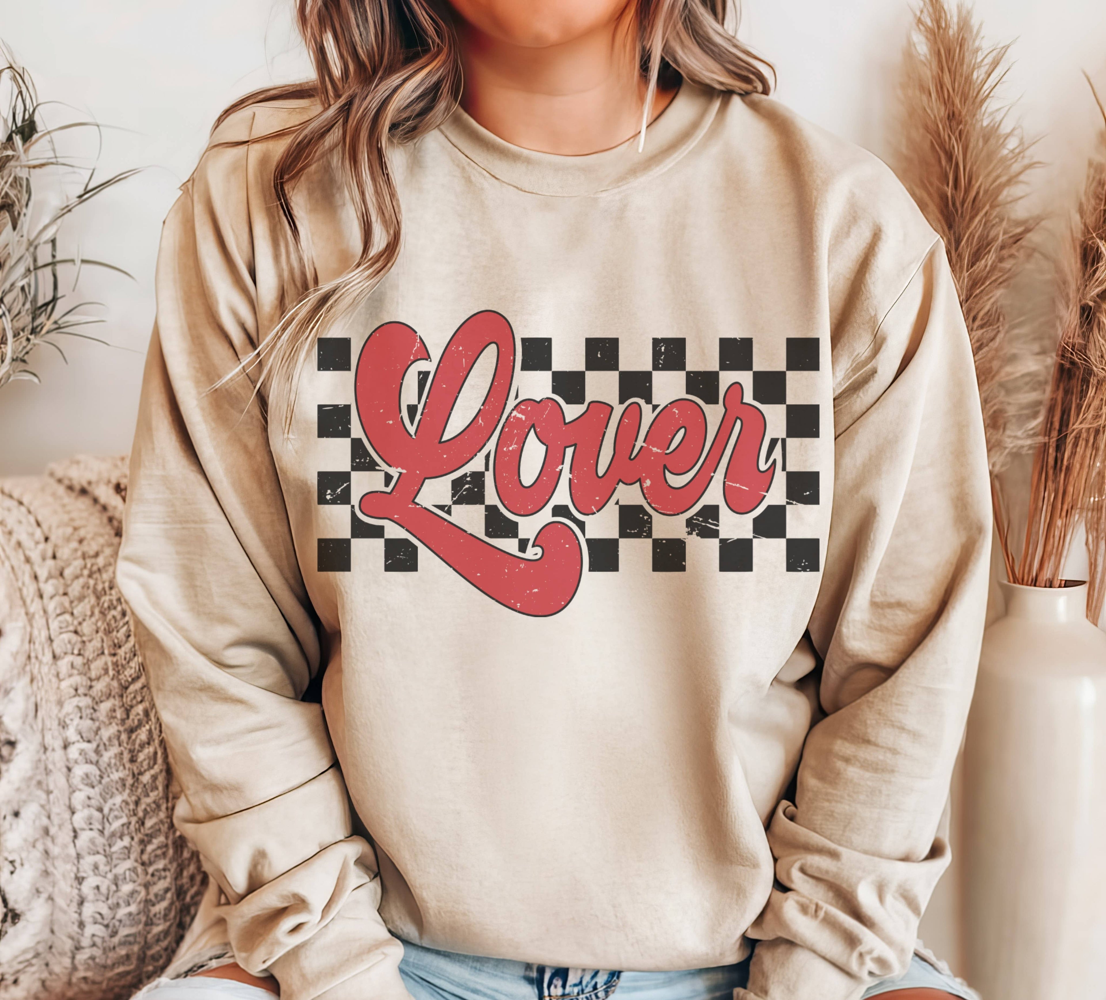 Retro Checkered Lover Crew Neck Sweatshirt Valentines T-Shirts, Hoodie | PodTeesHub.com