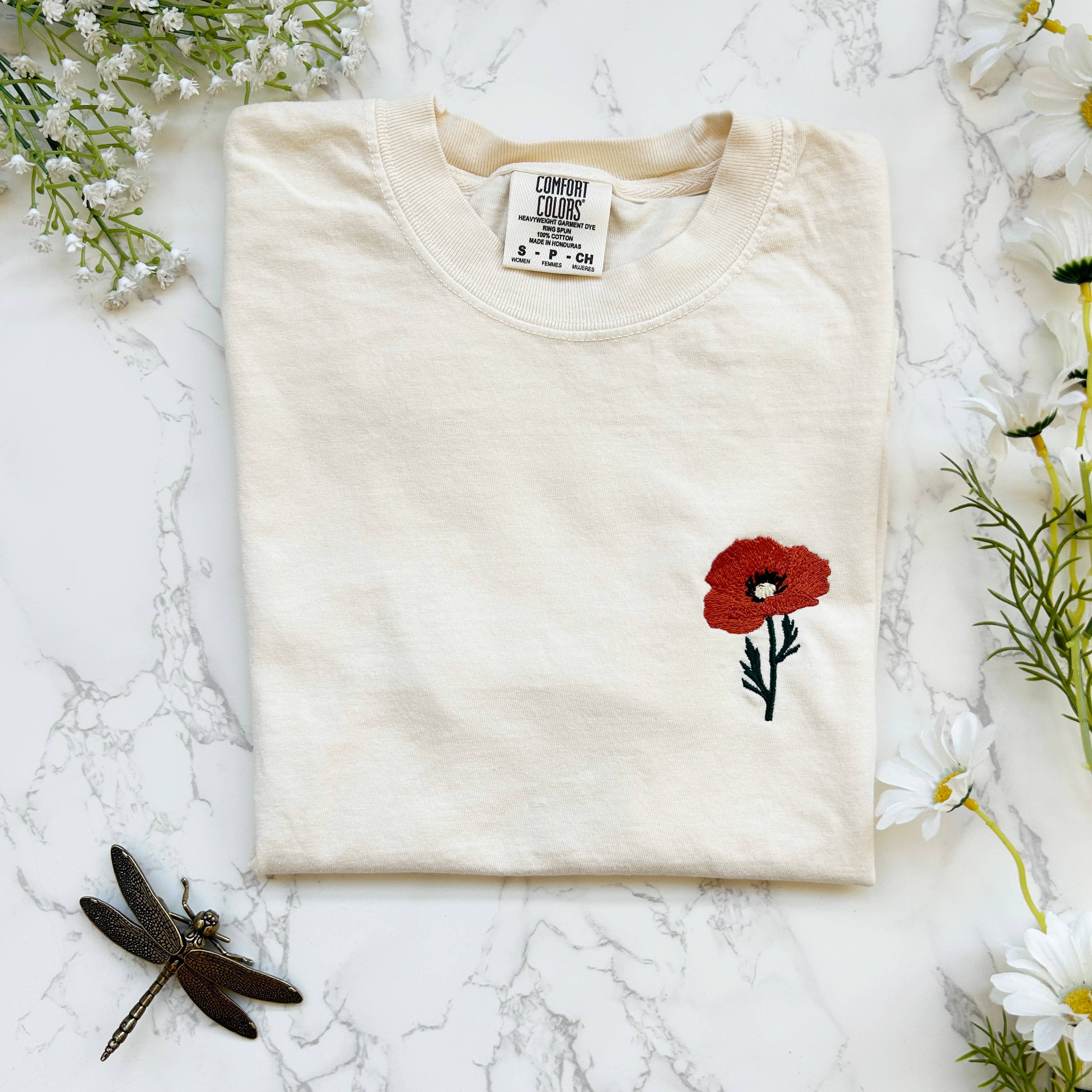 Embroidered Poppy Flower Women's Boxy Tshirt Hoodie, Sweatshirt | PodTeesHub.com