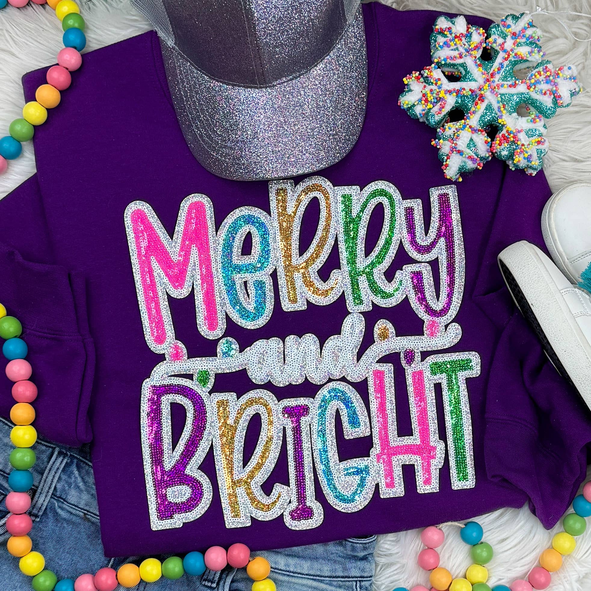 Colorful Sequin Merry and Bright Patch Purple Crewneck Sweatshirt T-Shirts, Hoodie | PodTeesHub.com