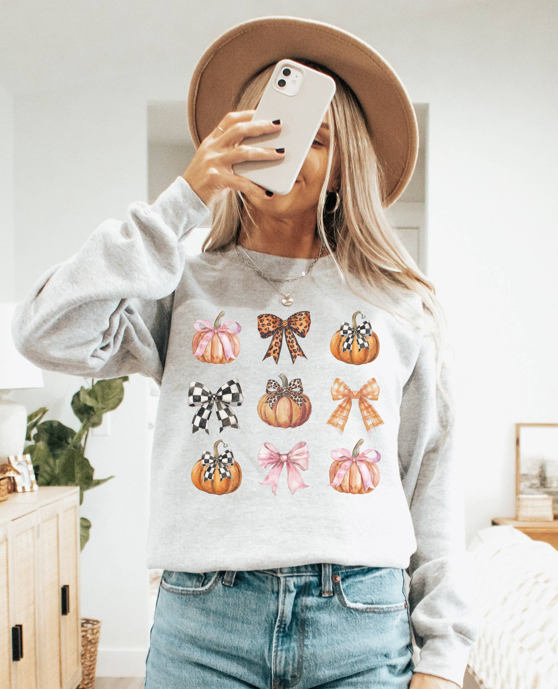 Pumpkin Bow Grid Crew Neck Sweatshirt | Trending T-Shirts, Hoodie | PodTeesHub.com