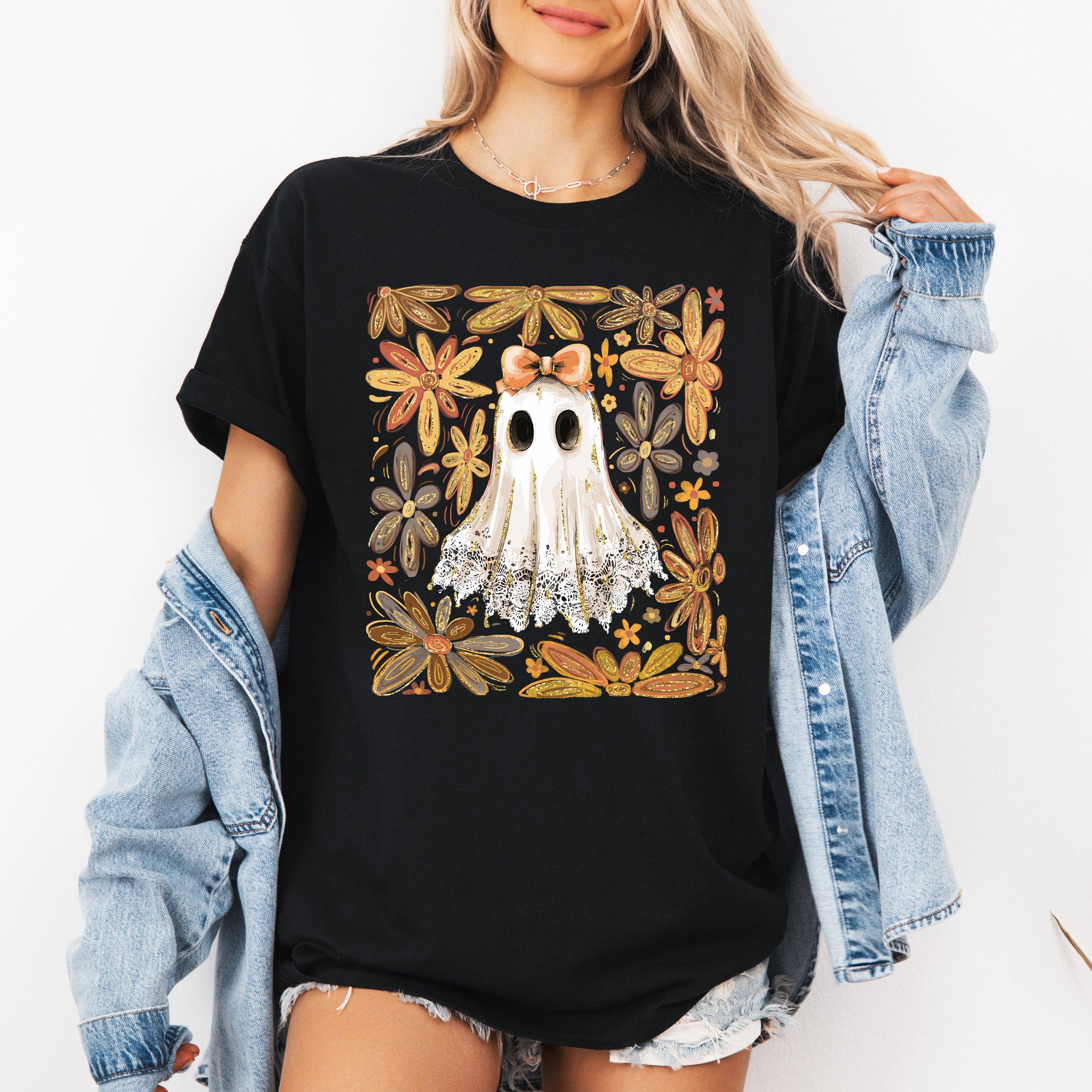 Beautiful Halloween, Flowers, Coquette Ghost, Tshirt Hoodie, Sweatshirt | PodTeesHub.com
