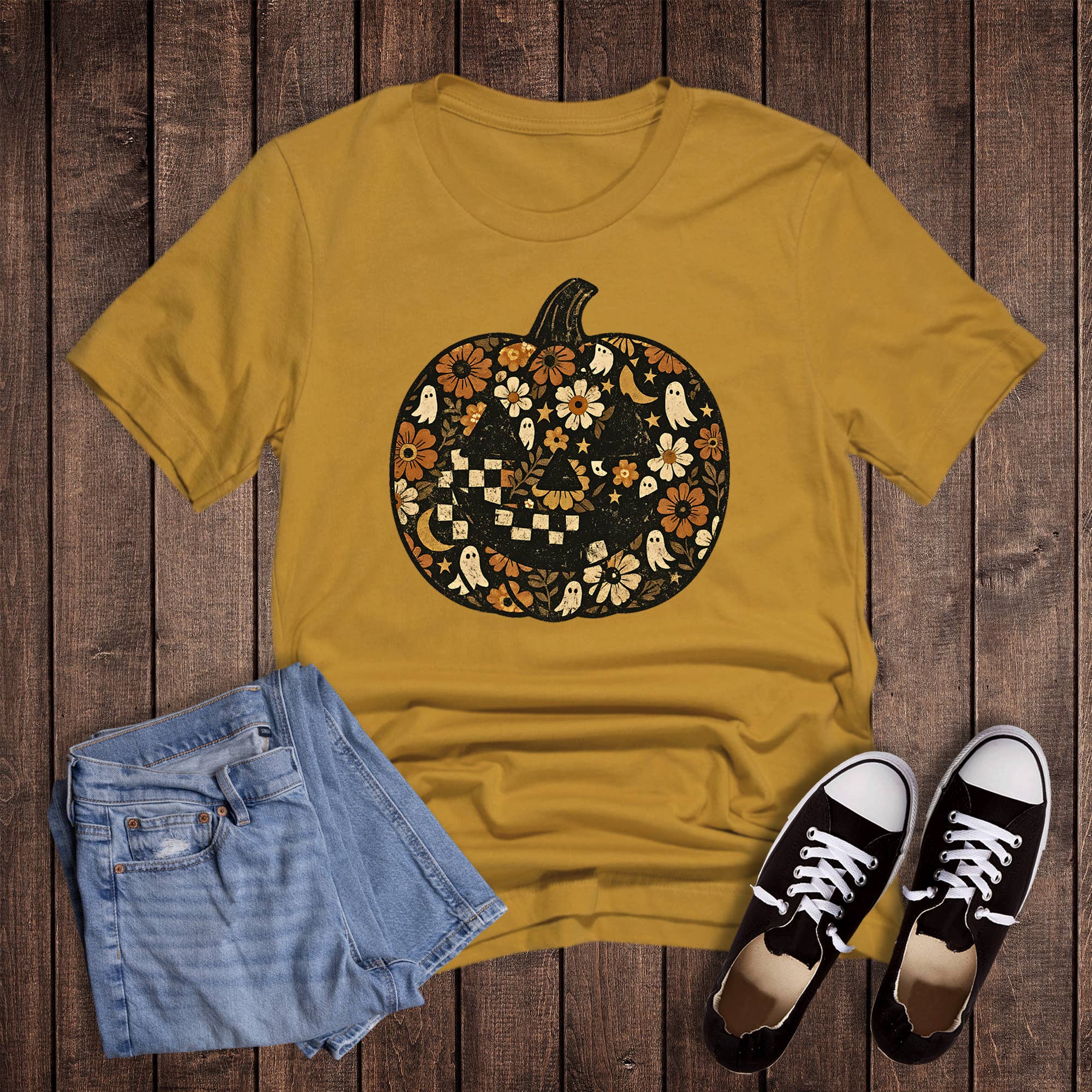 Halloween Boho Floral Jackolantern Graphic Tee Hoodie, Sweatshirt | PodTeesHub.com