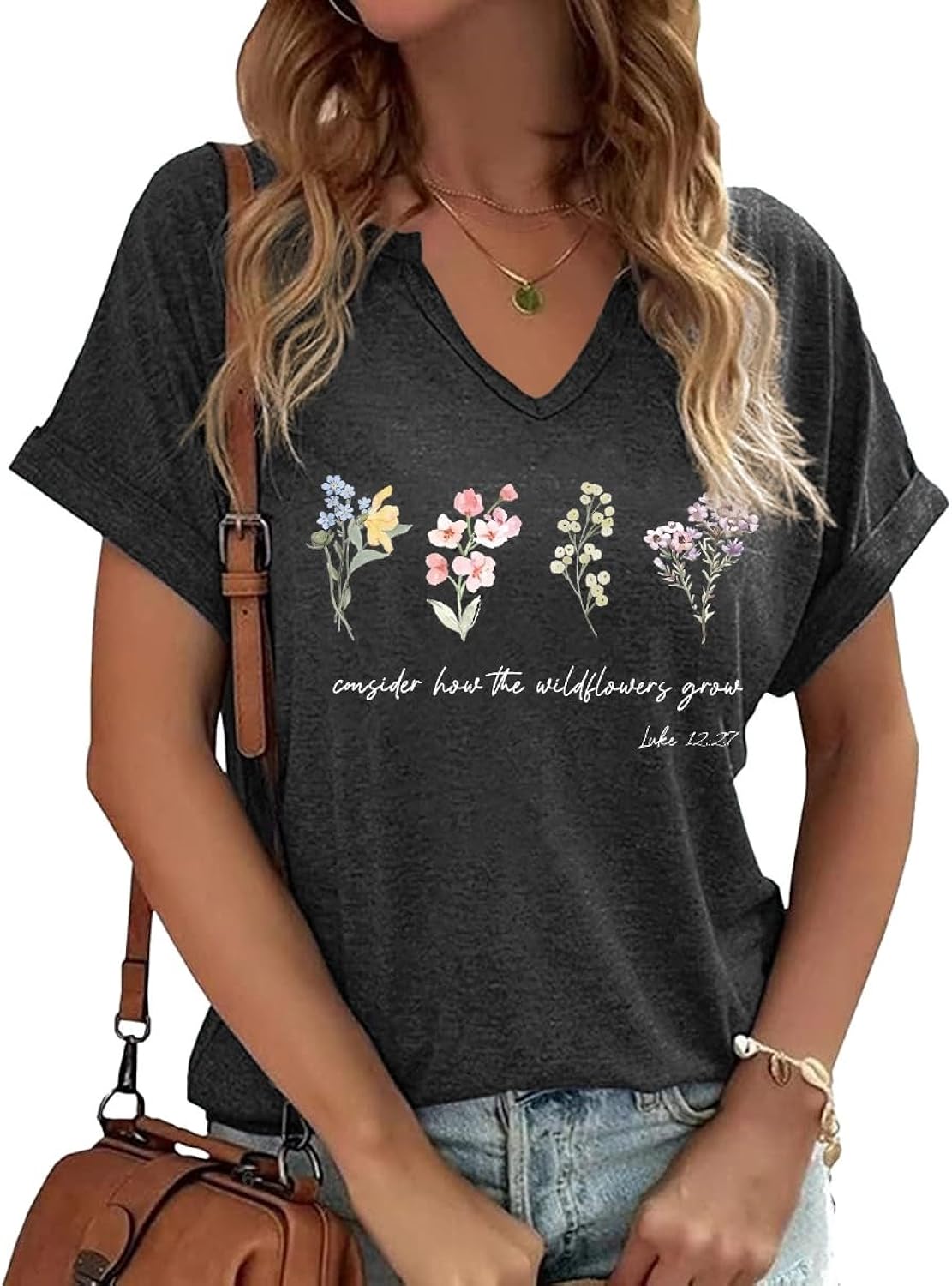 Womens Vintage Flowers V Neck Shirt Boho Floral Wildflowers Graphic Tee Casual Cottagecore Short Sleeve T Shirt