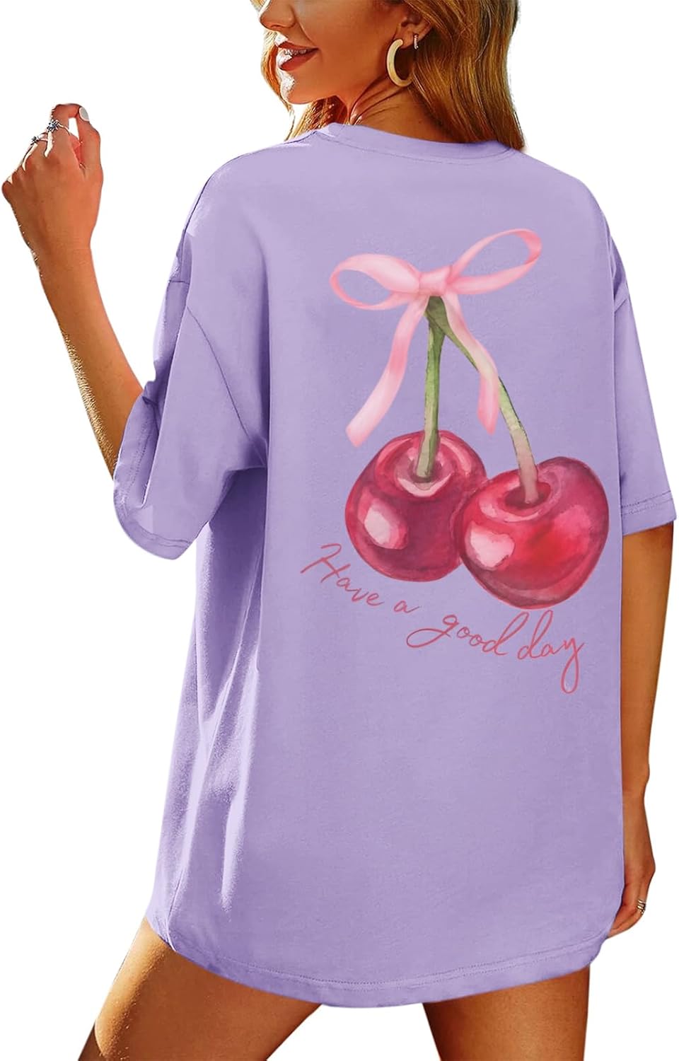 Oversized Graphic Tees for Women Trendy Cherry Printed Shirt Cute Summer Aesthetic Cotton Tshirts Tops for Teens