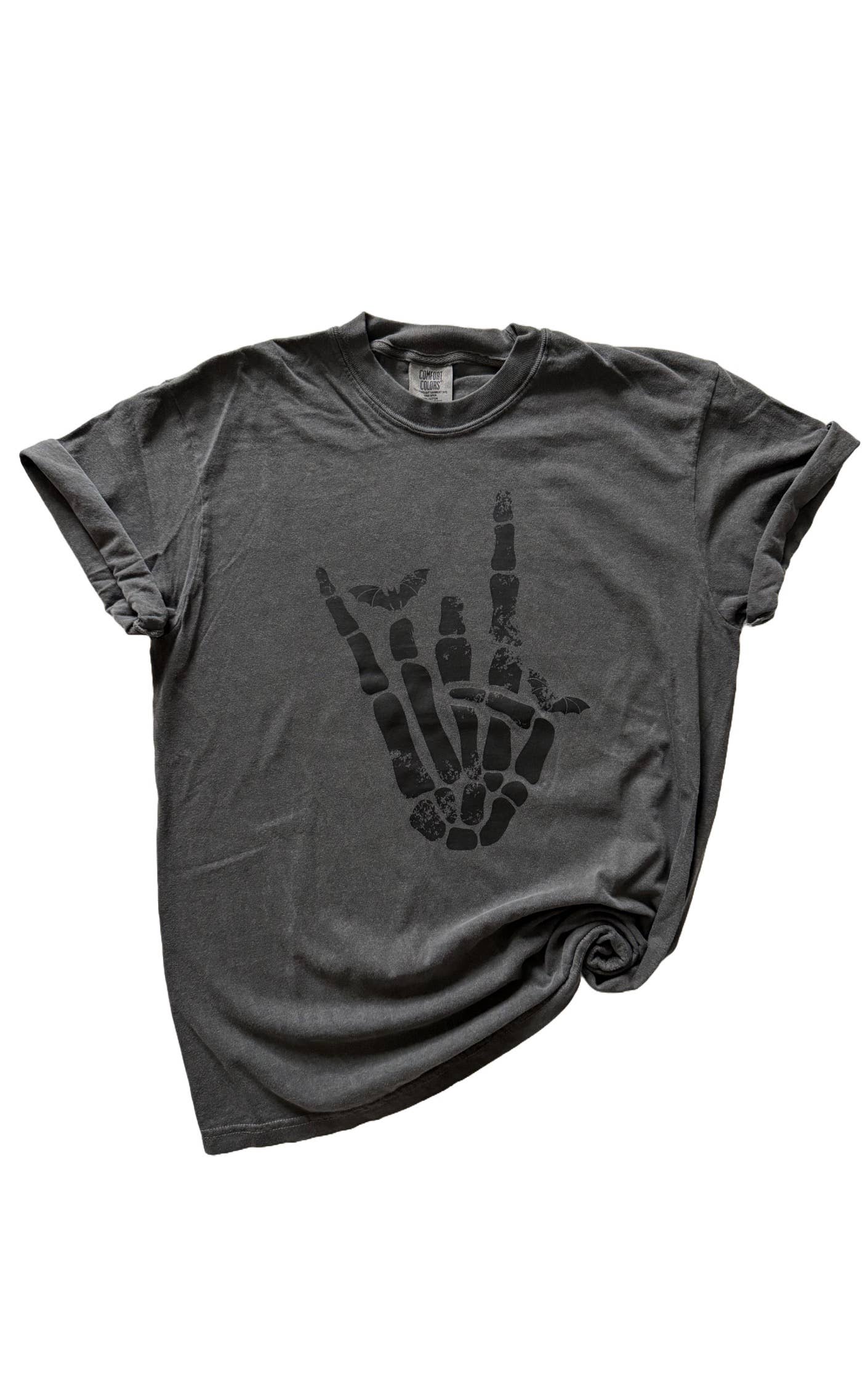 Rocker Skeleton Hand + Bats Halloween Tee Hoodie, Sweatshirt | PodTeesHub.com