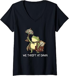 Women's We Thrift At Dawn Vintage Funny Frog Thrifting Meme V-Neck T-Shirt