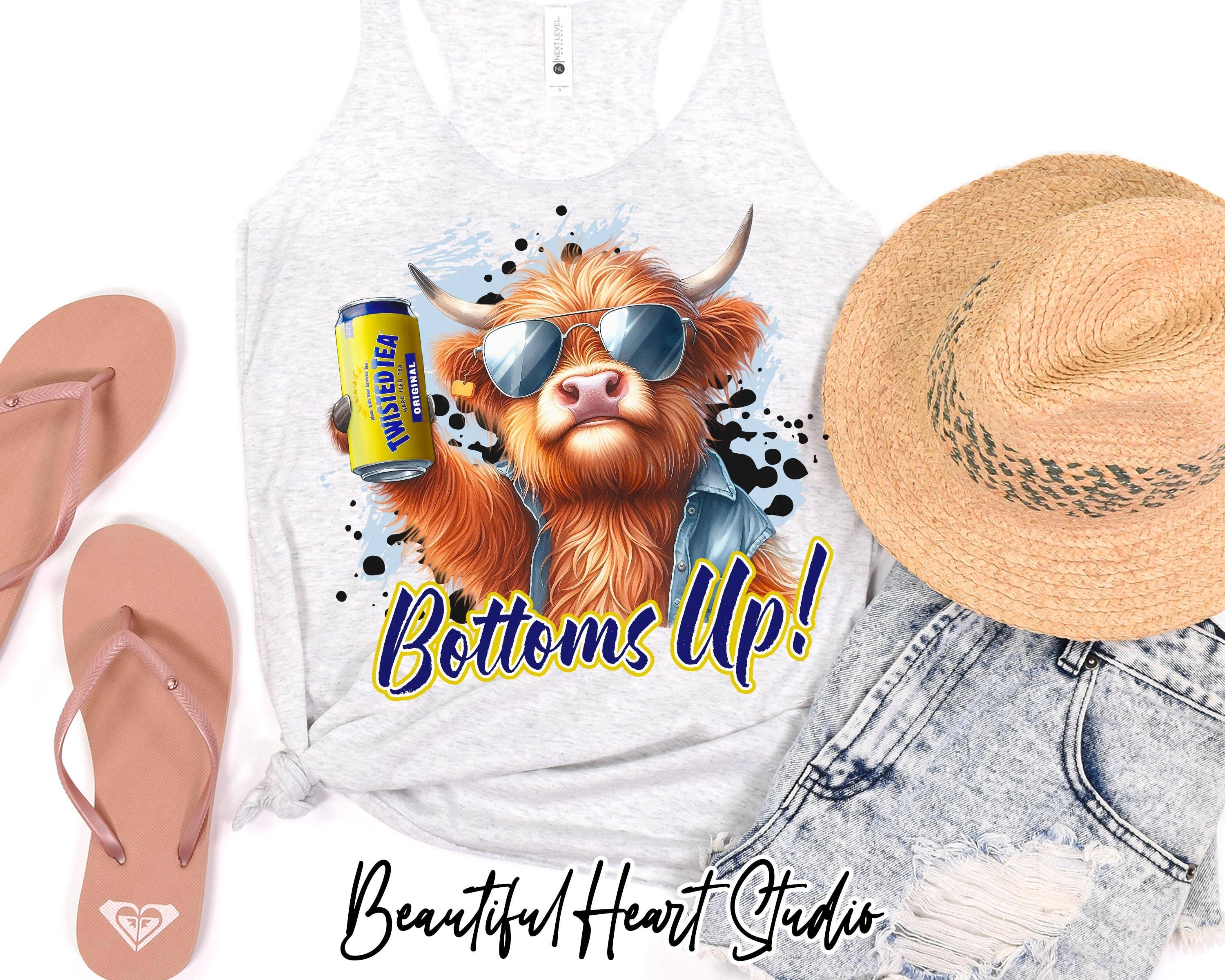 Bottoms Up Twisted Tea Highland Cow Shirt Hoodie, Sweatshirt | PodTeesHub.com