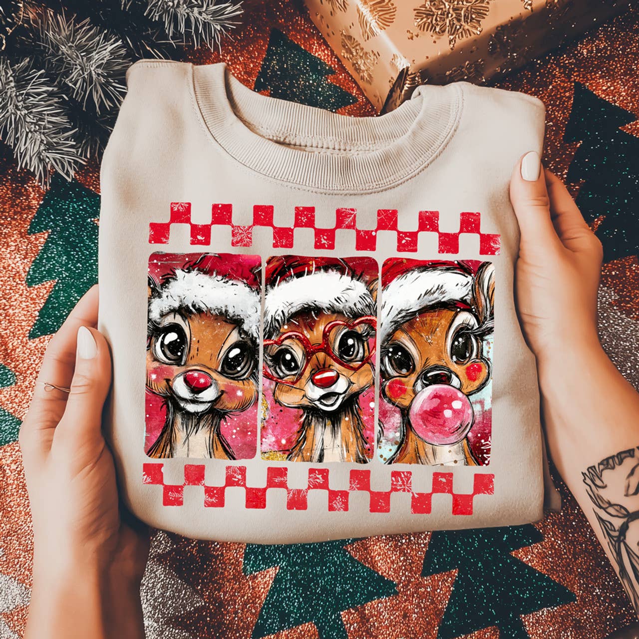 Cheerful Reindeer Trio Sweatshirt T-Shirts, Hoodie | PodTeesHub.com