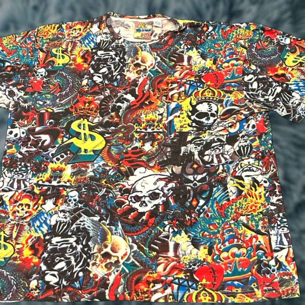 Vintage Gama T Shirt Mens 4xl Multicolor Skull Graffiti All Over Print Hip Hop Grunge Shirt Hoodie, Sweatshirt