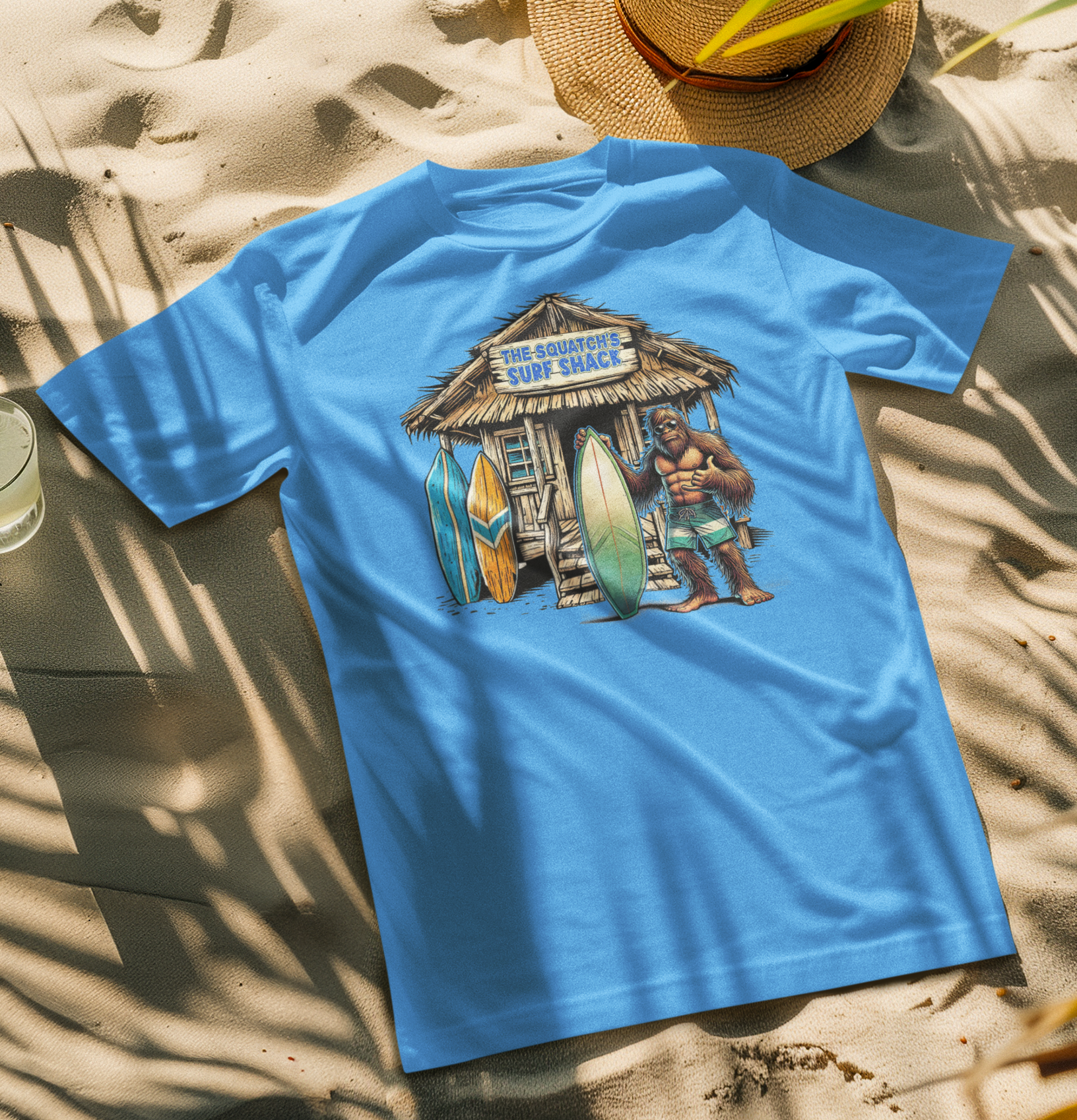 Bigfoot Surf Shack Tshirt (Blue or Yellow) Customizable Hoodie, Sweatshirt | PodTeesHub.com