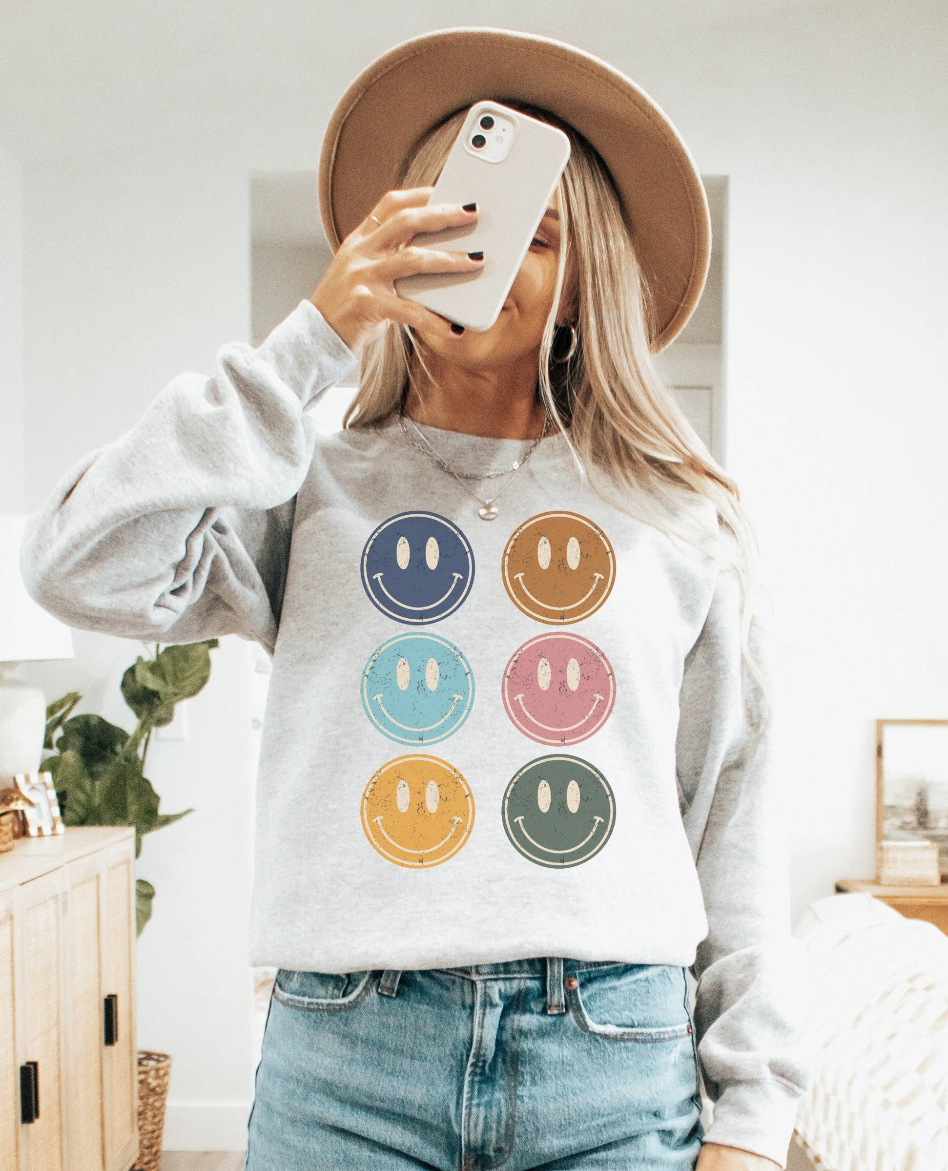 Boho Happy Face Grid Crew Neck Sweatshirt T-Shirts, Hoodie | PodTeesHub.com