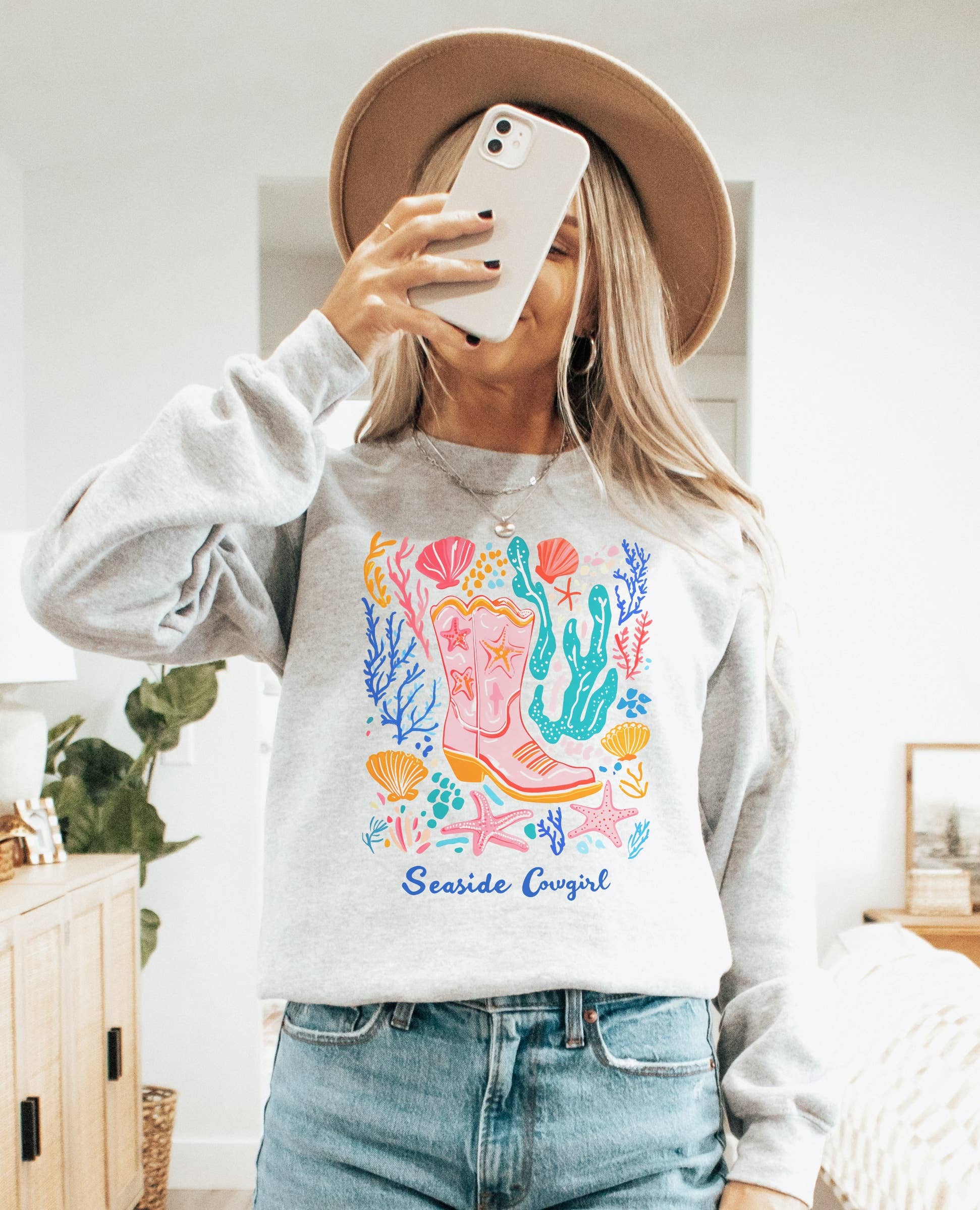Seaside Cowgirl Crew Neck Sweatshirt T-Shirts, Hoodie | PodTeesHub.com