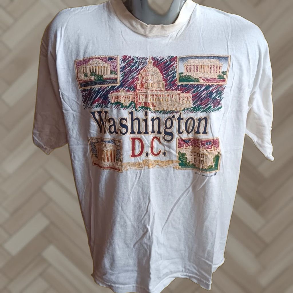 Vintage Large T Shirt Mens L White 1990s Washington D C Graphic Print Crew Neck Short Sleeve Hoodie, Sweatshirt