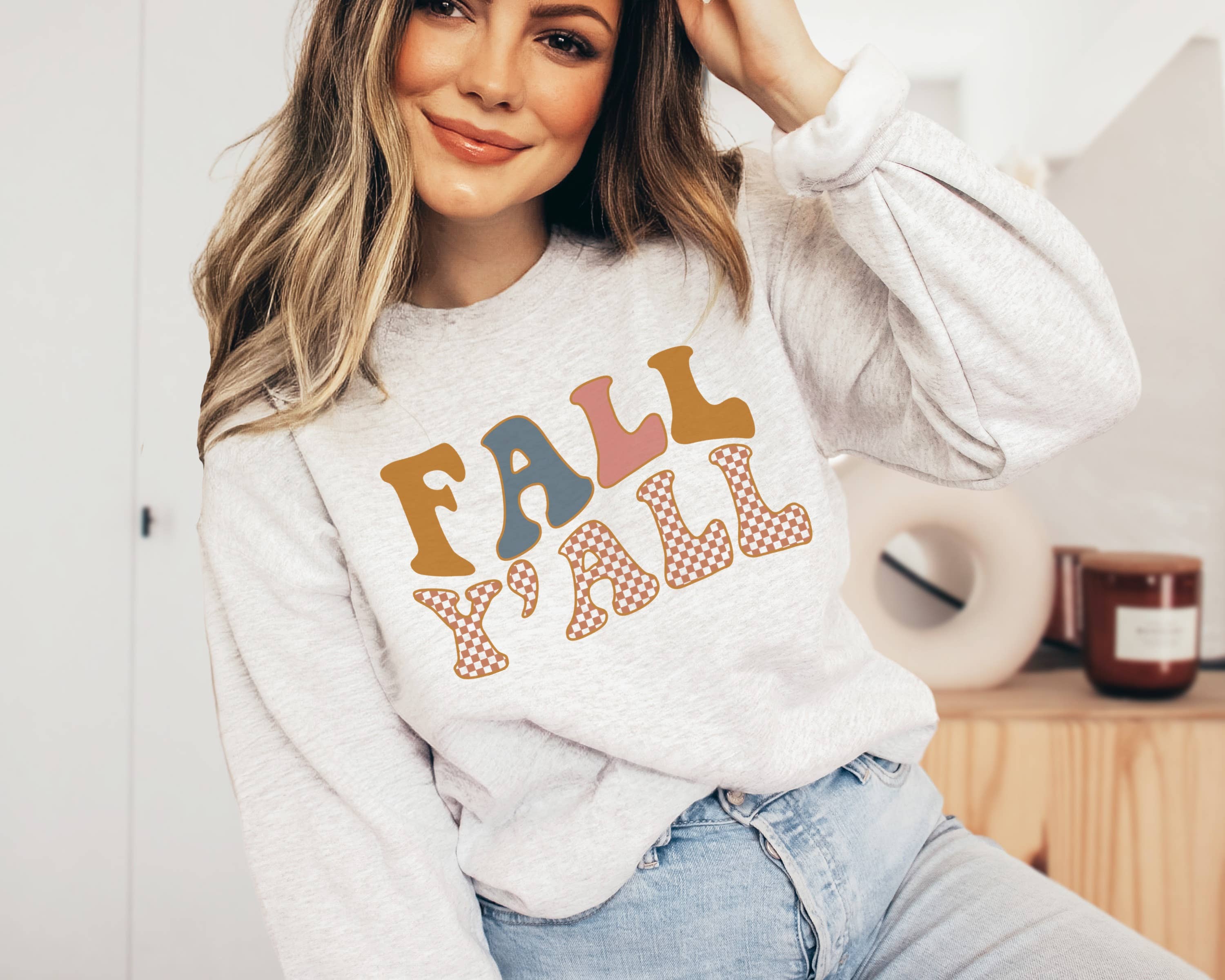 Fall Yall Checker Crew Neck Sweatshirt T-Shirts, Hoodie | PodTeesHub.com