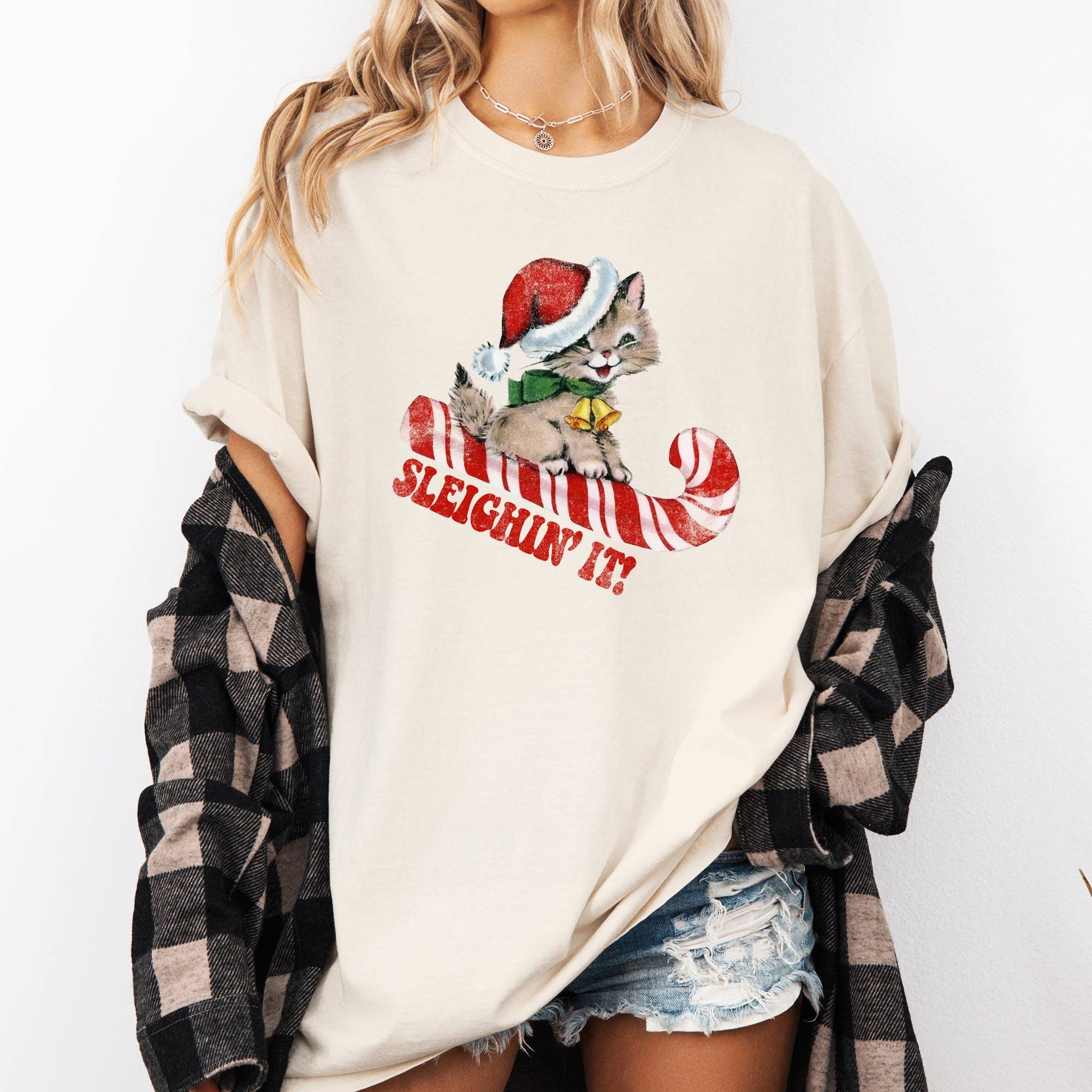 Sleighing It, Cute Kitty, Cat, Christmas, Santa, Xmas Tshirt Hoodie, Sweatshirt | PodTeesHub.com