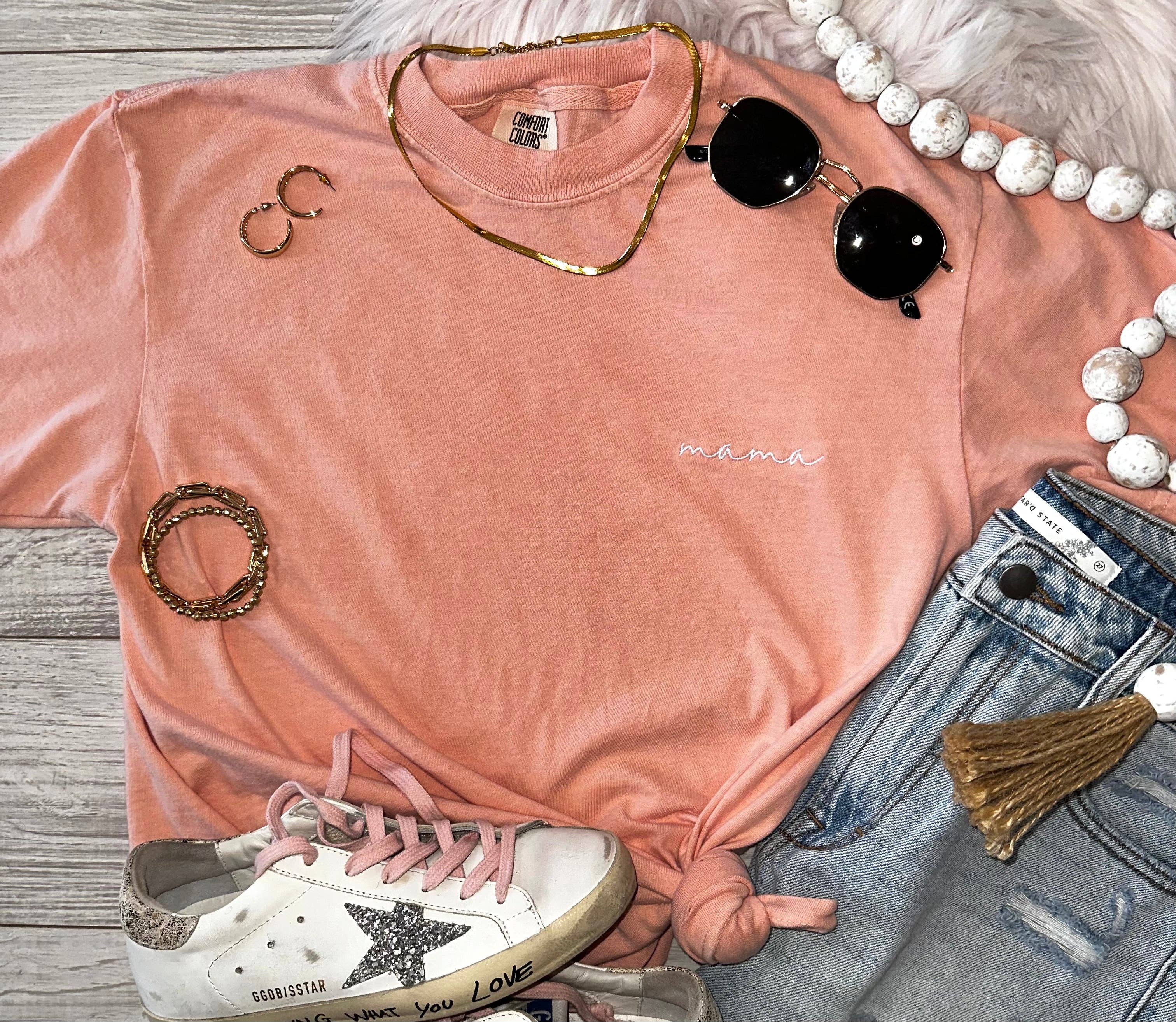 Peach Dainty Mama Embroidered Tee Hoodie, Sweatshirt | PodTeesHub.com