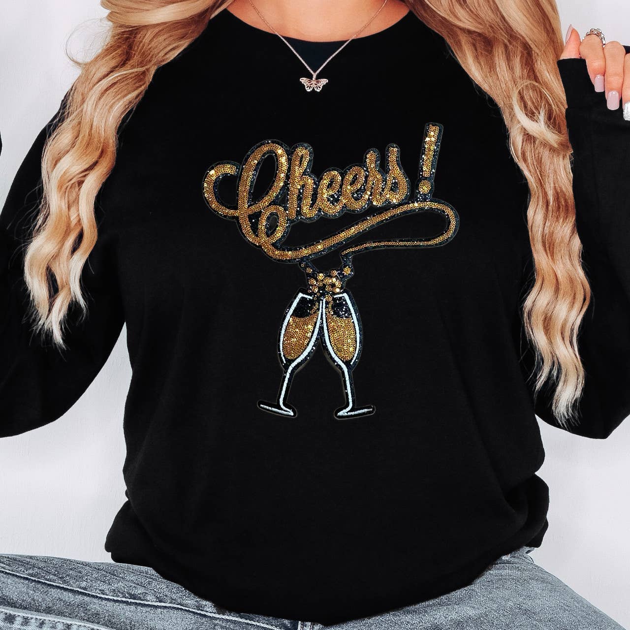Cheers! Champaign Sequin Patch Everyday Long Sleeve Tee Hoodie, Sweatshirt | PodTeesHub.com