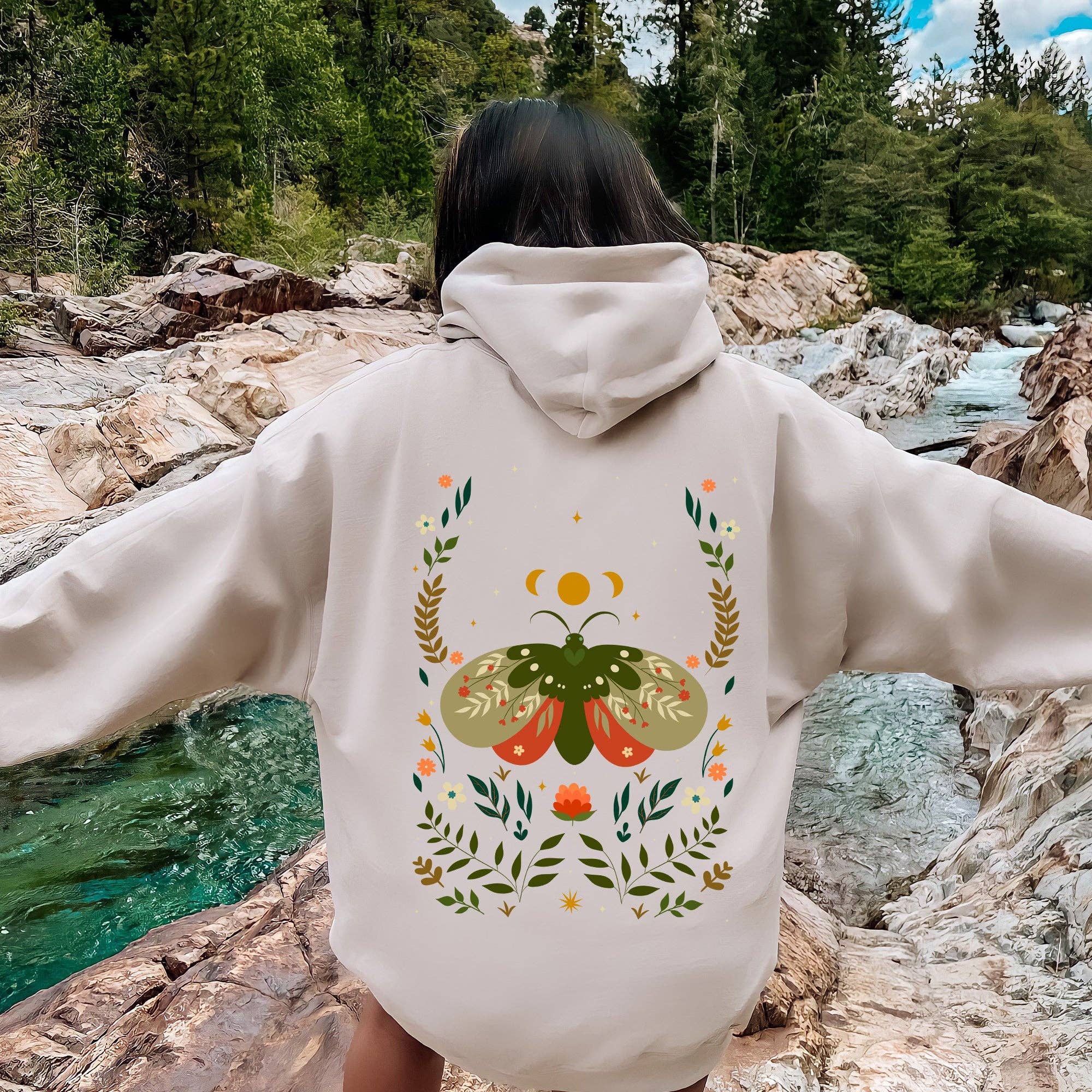 Midnight Garden Dance, Moth, Moon, and Floral Print Hoodie T-Shirts, Sweatshirt | PodTeesHub.com