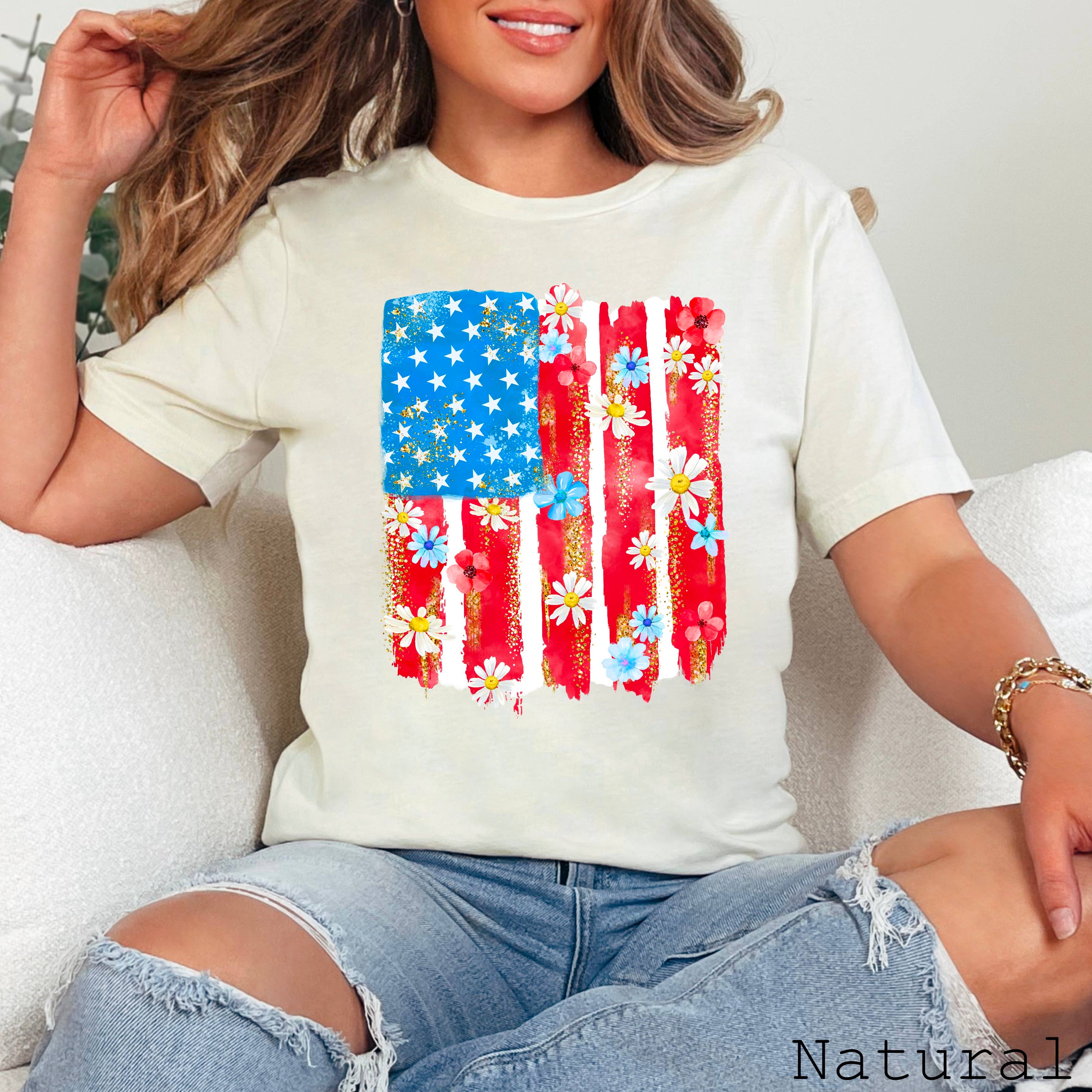 July 4th Graphic Tee | Floral Flag USA | Bella Canvas Hoodie, Sweatshirt | PodTeesHub.com